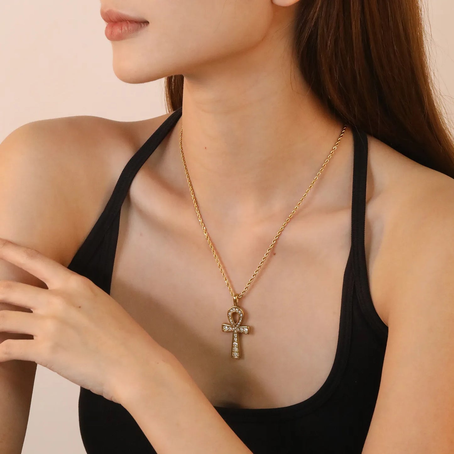 ✨ Wholesale Gold Stainless Steel Egyptian Cross Necklace | 20.8*37.7mm Cross with White Acrylic Gems | 2mm Twist Chain 50+5cm with 6mm Lobster Clasp