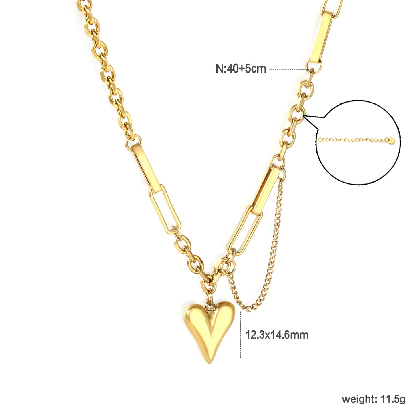 ✨ Wholesale Gold Stainless Steel Heart Pendant Necklace | 12.3*14.6mm Elegant Heart Design | 40+5cm Chain with 6mm Lobster Clasp