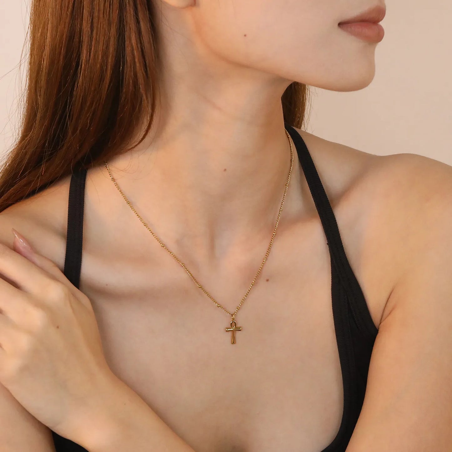 ✨ Wholesale Gold Stainless Steel Egyptian Cross Necklace | 10*15mm Smooth Cross Pendant | 0.4mm Beaded Chain 40+5cm with 6mm Lobster Clasp