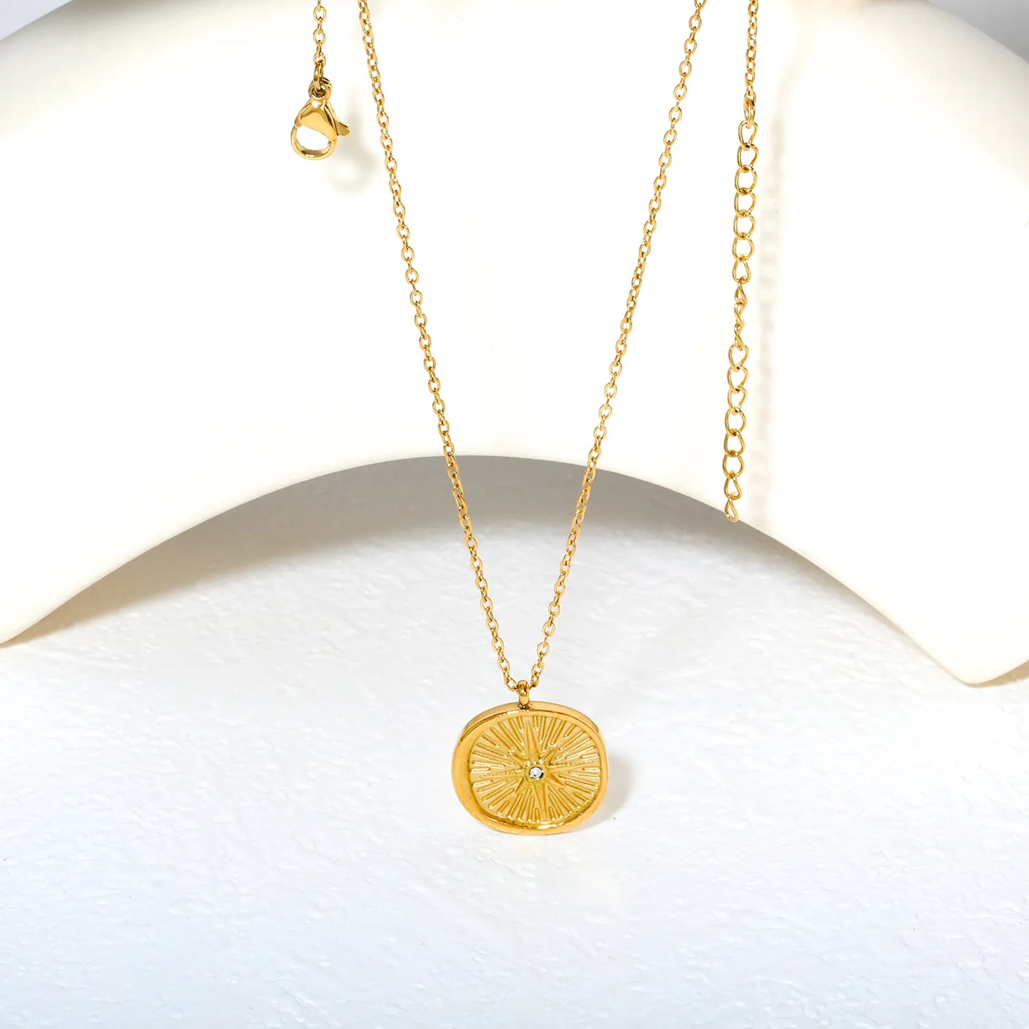 ✨ Wholesale Gold Stainless Steel Octagram Star Round plate Necklace | 18x17mm Star with White Zirconia | 40+5cm Chain with Oval Lobster Clasp