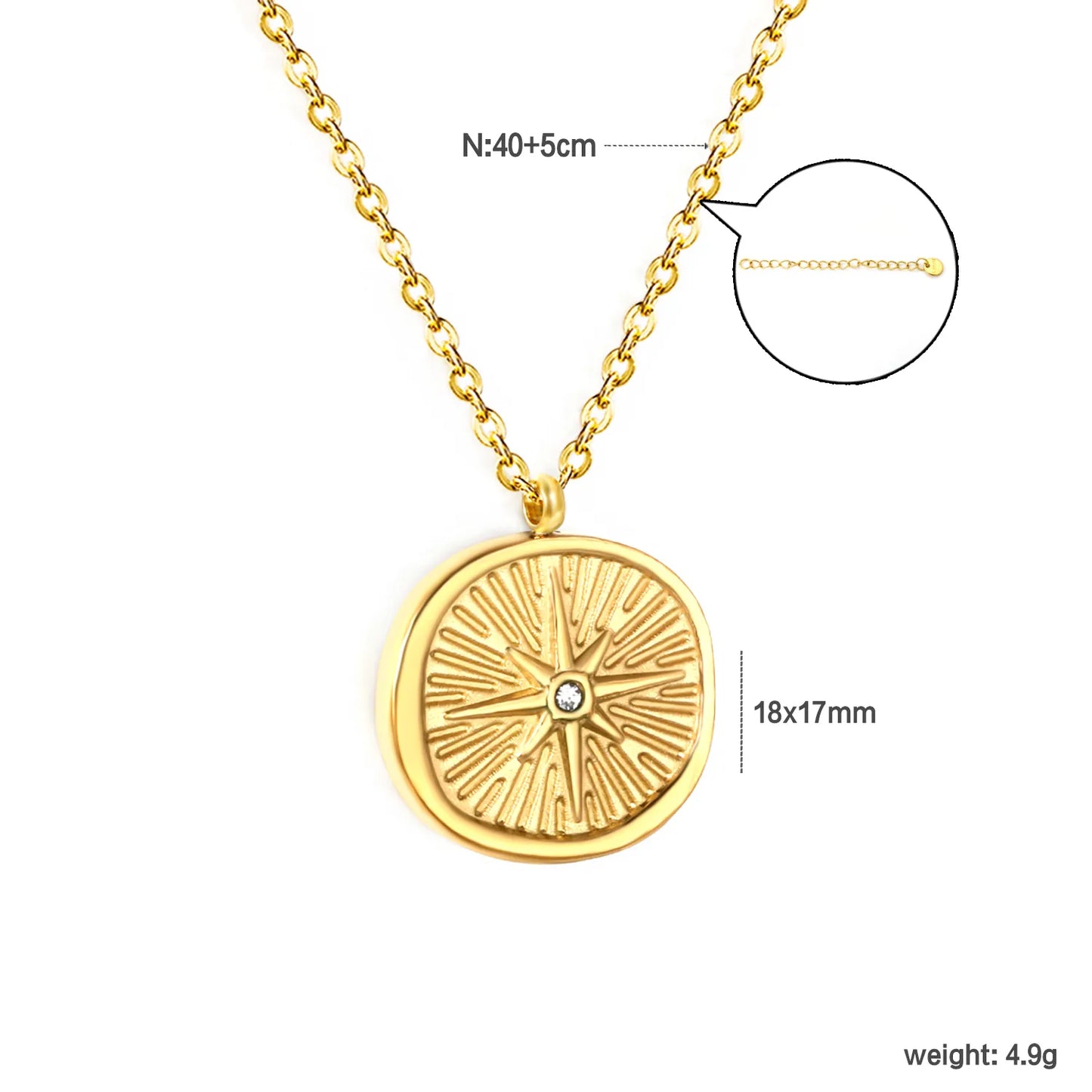 ✨ Wholesale Gold Stainless Steel Octagram Star Round plate Necklace | 18x17mm Star with White Zirconia | 40+5cm Chain with Oval Lobster Clasp