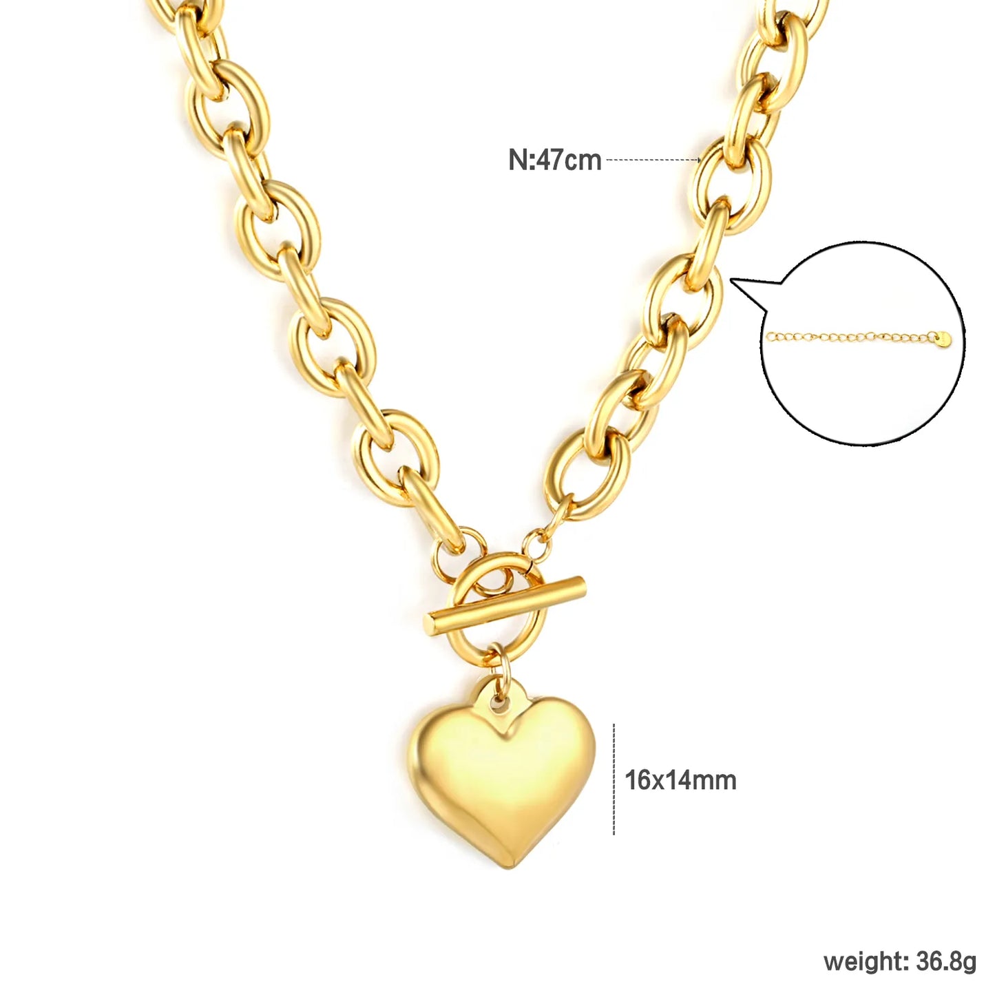 ✨ Wholesale Gold Stainless Steel Heart Pendant Necklace | 16x14mm Elegant Heart Design | 47cm Cable Chain with 6mm Lobster Clasp