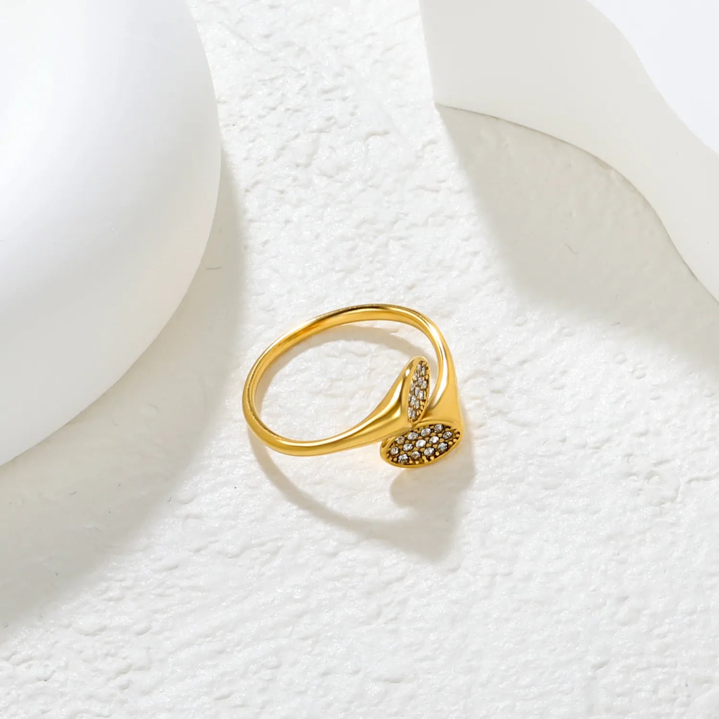 ✨ Wholesale Gold Stainless Steel Double Leaf Open Ring | 11.3mm High with Simulated Czech White Zirconia | Adjustable Nature-Inspired Ring