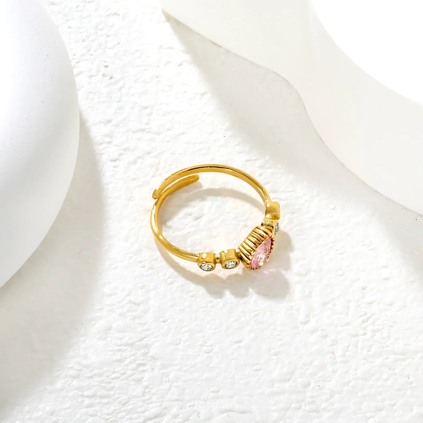 ✨ Wholesale Gold Stainless Steel Pink & White Zirconia Open Ring | 6.8mm Triple Stone Design | Adjustable Stackable Ring