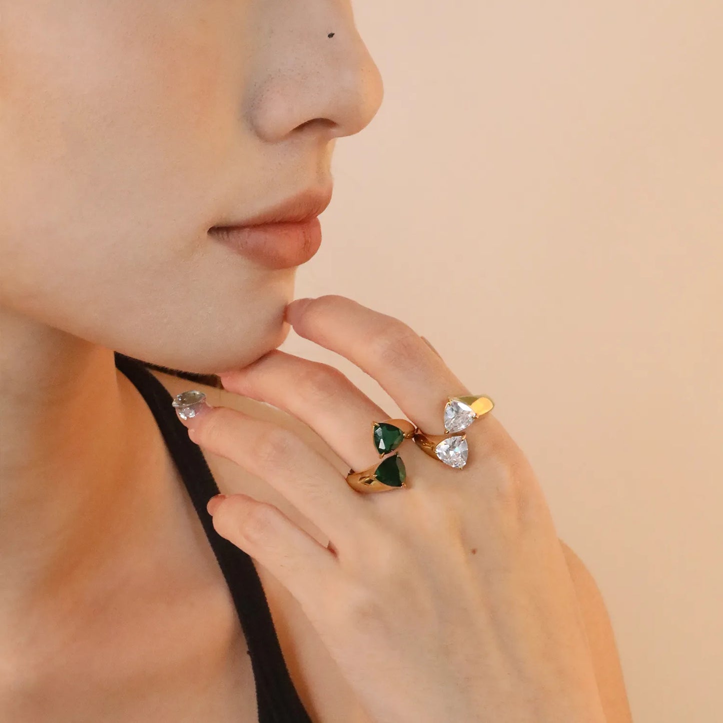 ✨ Wholesale Gold Stainless Steel Open Ring | 19mm Wide with White/Green Zirconia | Adjustable Statement Ring