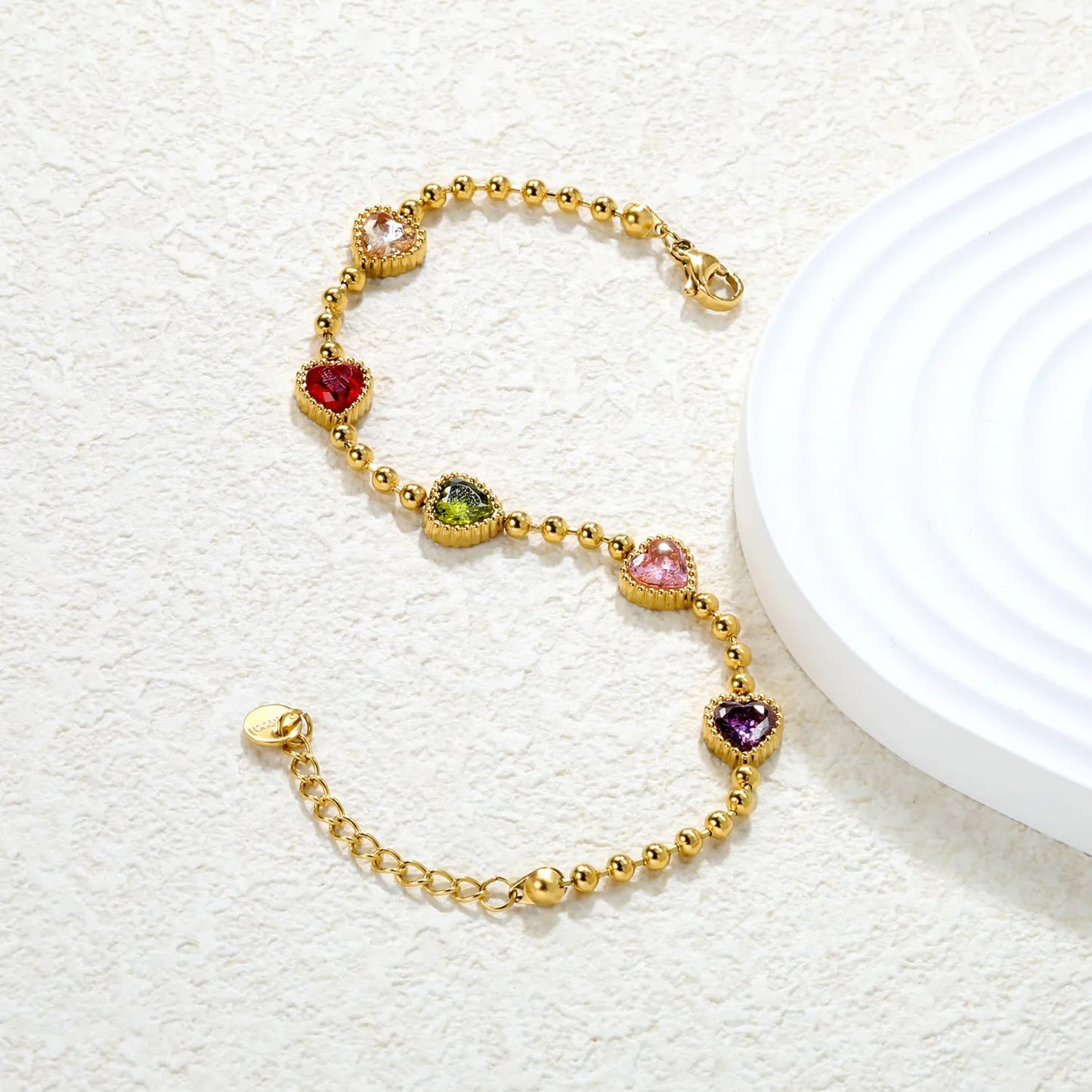 ✨8.6x8.6mm Rainbow Zirconia Bead Bracelet 5-Color Mix | Gold Stainless Steel 3mm Chain 18+3cm | Bulk Wholesale
