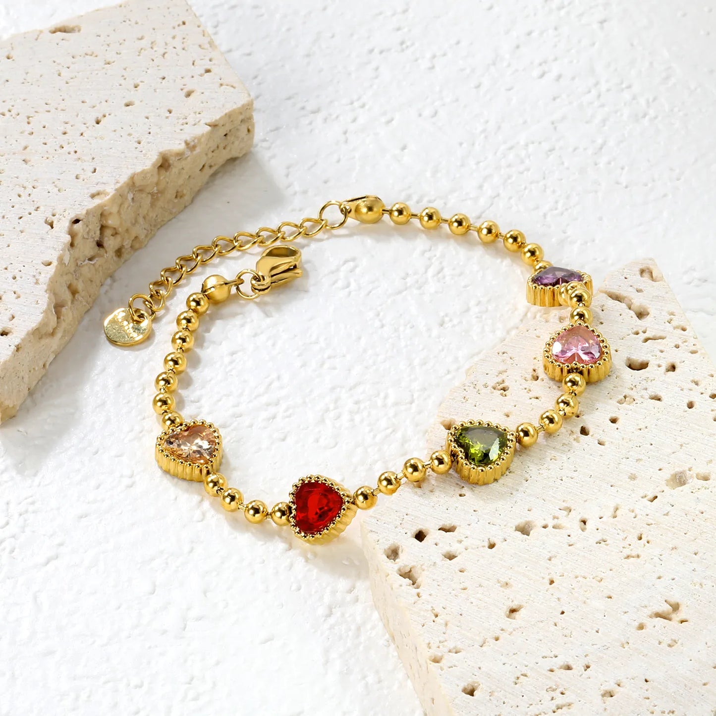 ✨8.6x8.6mm Rainbow Zirconia Bead Bracelet 5-Color Mix | Gold Stainless Steel 3mm Chain 18+3cm | Bulk Wholesale