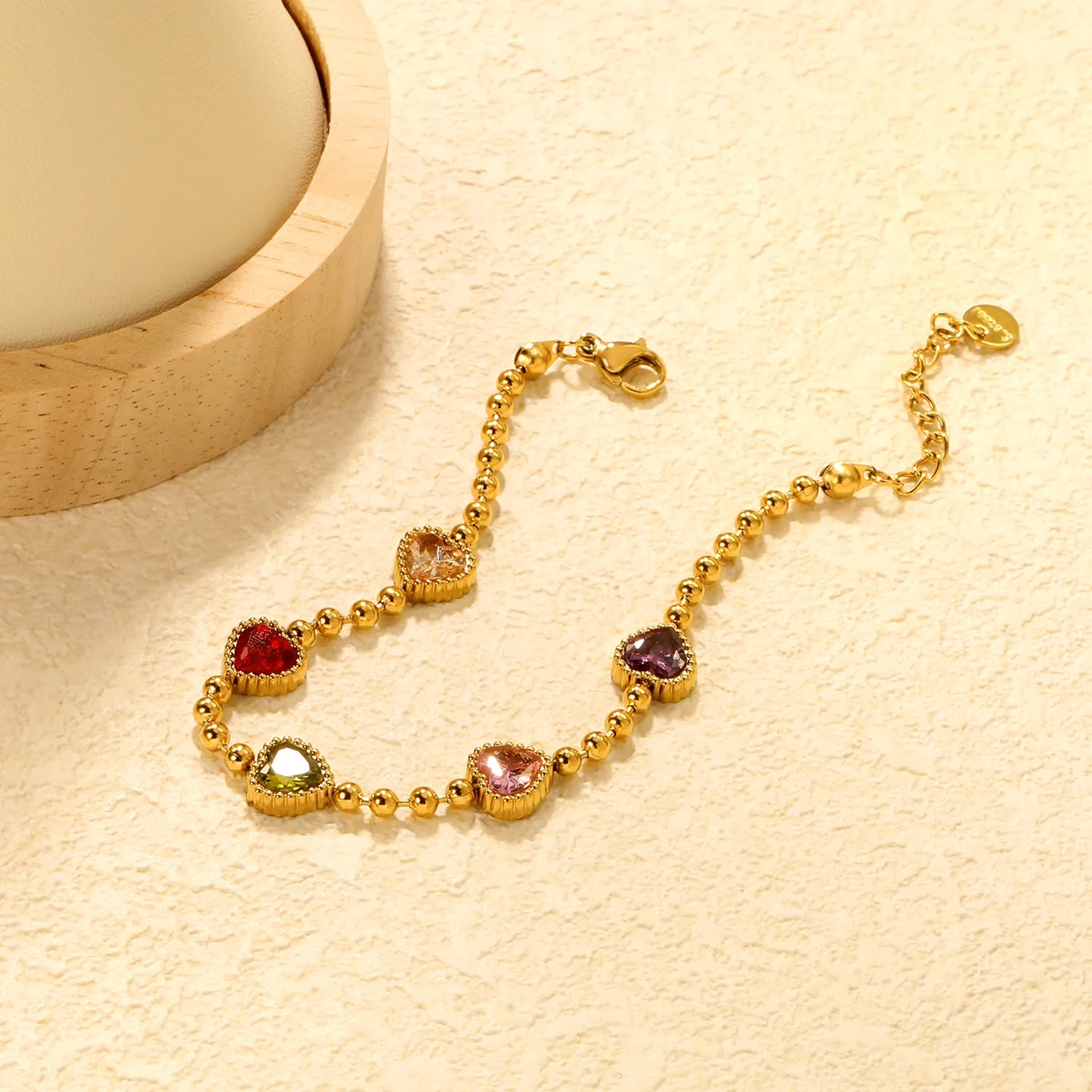 ✨8.6x8.6mm Rainbow Zirconia Bead Bracelet 5-Color Mix | Gold Stainless Steel 3mm Chain 18+3cm | Bulk Wholesale
