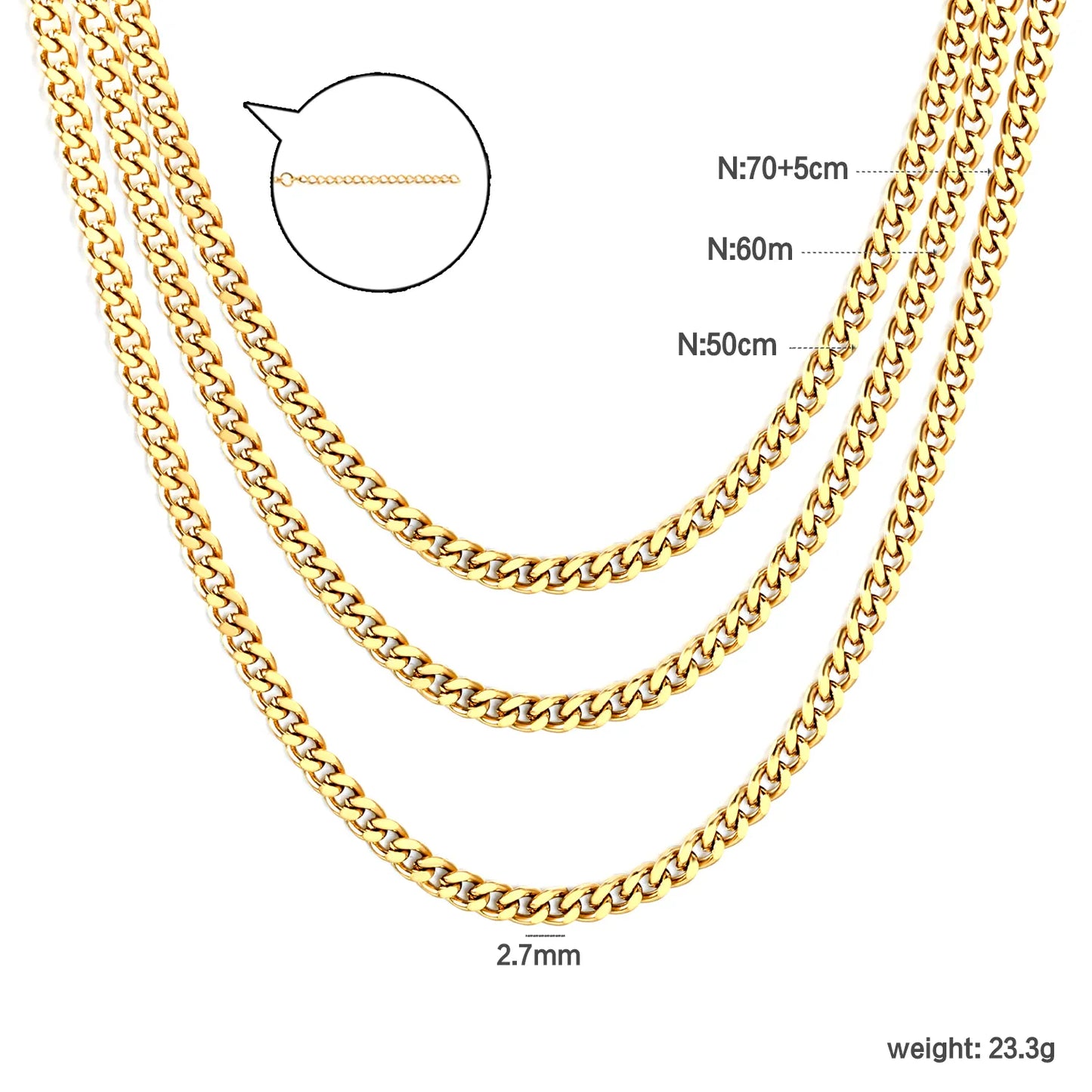 ✨ 18k gold plated Extended layering Width2.7mm Stainless Steel Chain Necklace Wholesale (MOQ 12+) | Durable Jewelry Chains 🌍 | Box/Cable/Rope/Franco Links