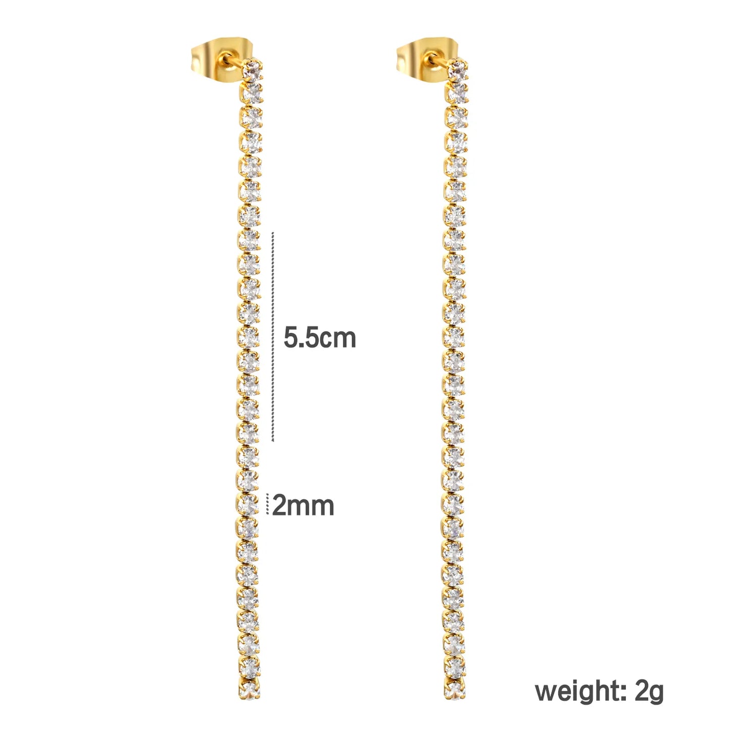 Wholesale 18k gold plated 5.5cmX2mm/3mm/4mm White Zircon&Rainbow Zircon Stainless Steel Hypoallergenic Drop Earrings – Bulk Wholesale (12+ Pairs) 🌍 EU/US Supplier Trendy & Durable