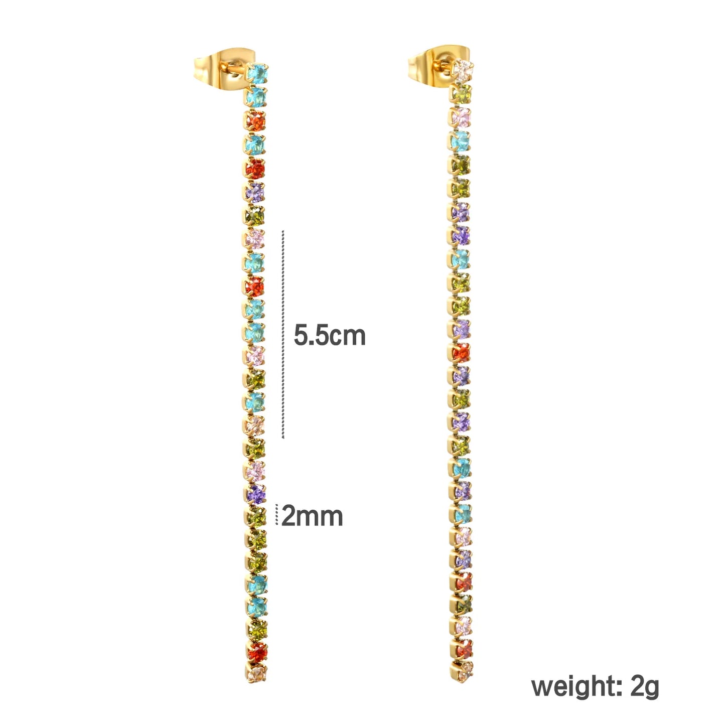 Wholesale 18k gold plated 5.5cmX2mm/3mm/4mm White Zircon&Rainbow Zircon Stainless Steel Hypoallergenic Drop Earrings – Bulk Wholesale (12+ Pairs) 🌍 EU/US Supplier Trendy & Durable