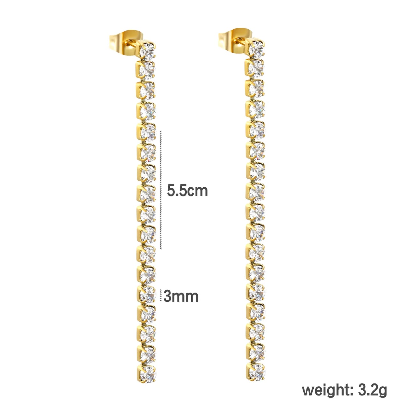 Wholesale 18k gold plated 5.5cmX2mm/3mm/4mm White Zircon&Rainbow Zircon Stainless Steel Hypoallergenic Drop Earrings – Bulk Wholesale (12+ Pairs) 🌍 EU/US Supplier Trendy & Durable