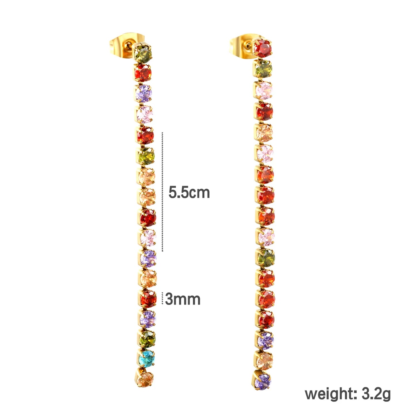 Wholesale 18k gold plated 5.5cmX2mm/3mm/4mm White Zircon&Rainbow Zircon Stainless Steel Hypoallergenic Drop Earrings – Bulk Wholesale (12+ Pairs) 🌍 EU/US Supplier Trendy & Durable