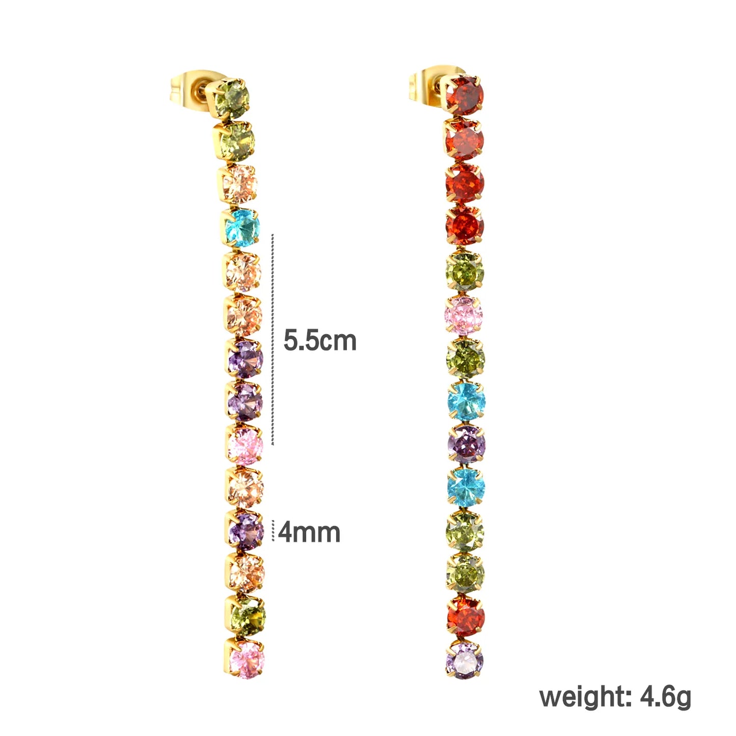 Wholesale 18k gold plated 5.5cmX2mm/3mm/4mm White Zircon&Rainbow Zircon Stainless Steel Hypoallergenic Drop Earrings – Bulk Wholesale (12+ Pairs) 🌍 EU/US Supplier Trendy & Durable