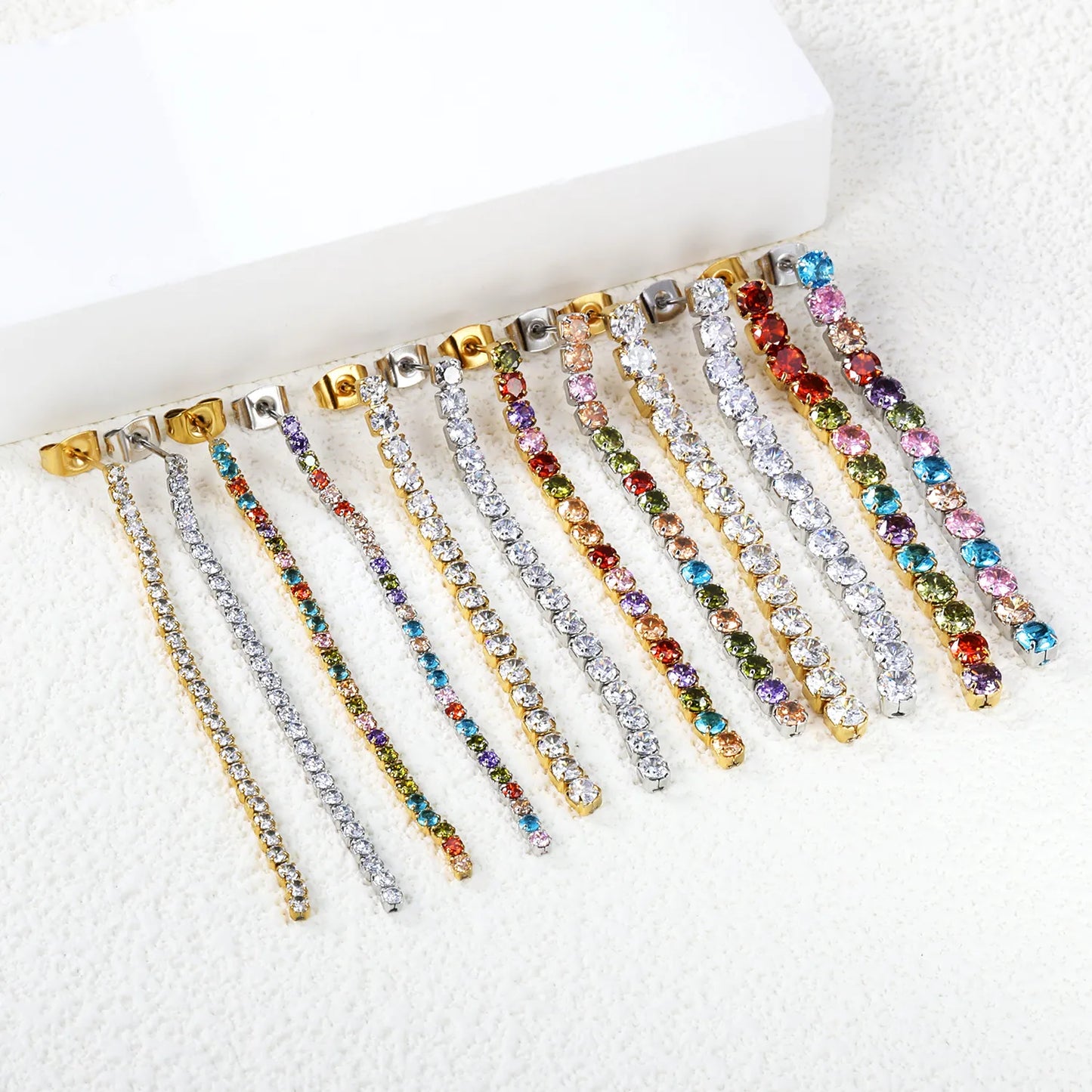 Wholesale 18k gold plated 5.5cmX2mm/3mm/4mm White Zircon&Rainbow Zircon Stainless Steel Hypoallergenic Drop Earrings – Bulk Wholesale (12+ Pairs) 🌍 EU/US Supplier Trendy & Durable