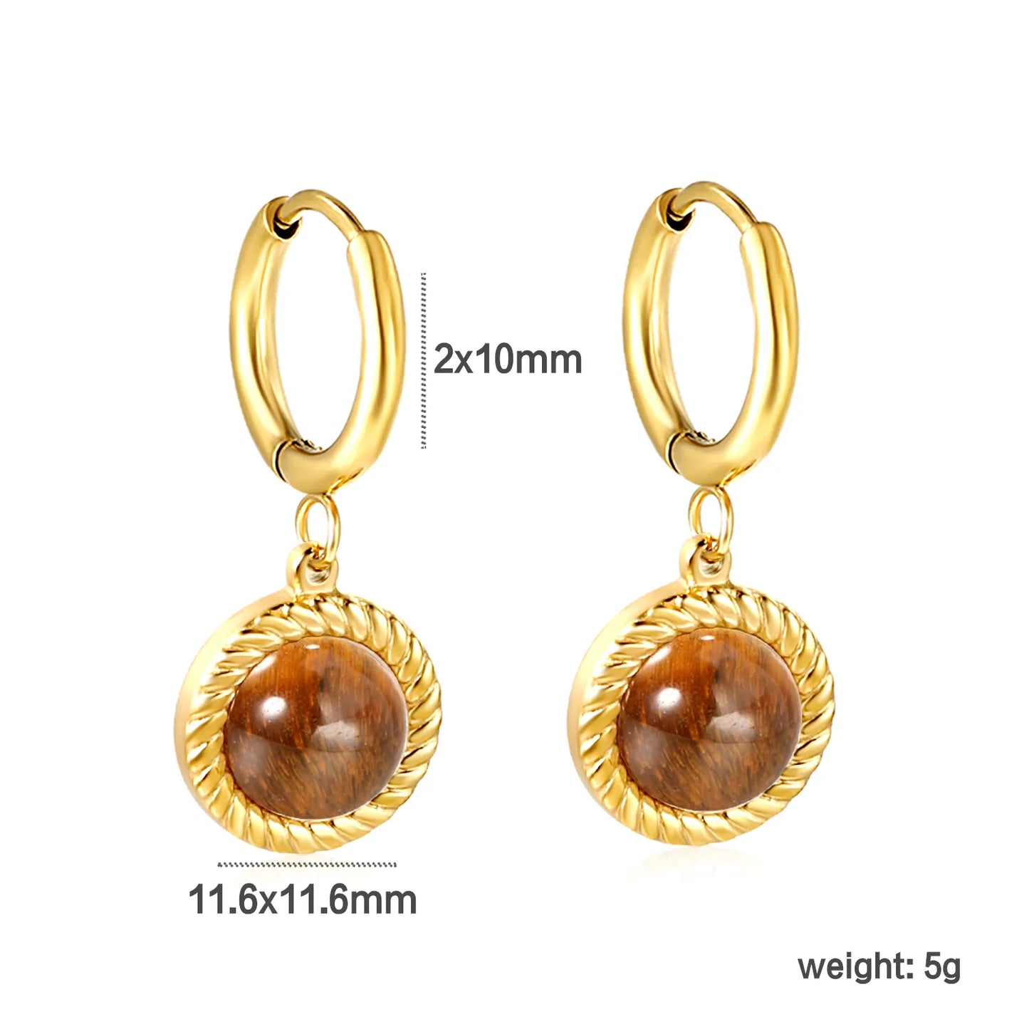 2*10mm I.D. earrings+11.6mm round twisted edge with half tiger's eye Stainless Steel Hypoallergenic Earrings – Bulk Wholesale (12+ Pairs) 🌍 EU/US Supplier Trendy & Durable
