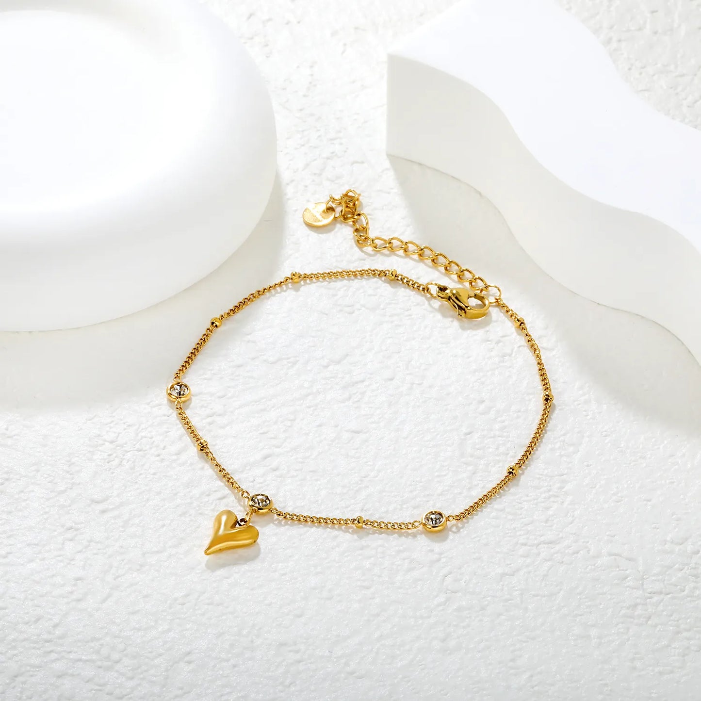 ✨ Wholesale Gold Stainless Steel Anklet | 3x4.4mm Round Crystals & 8.5*10mm Heart Pendant | 20+5cm Chain with 6mm Lobster Clasp
