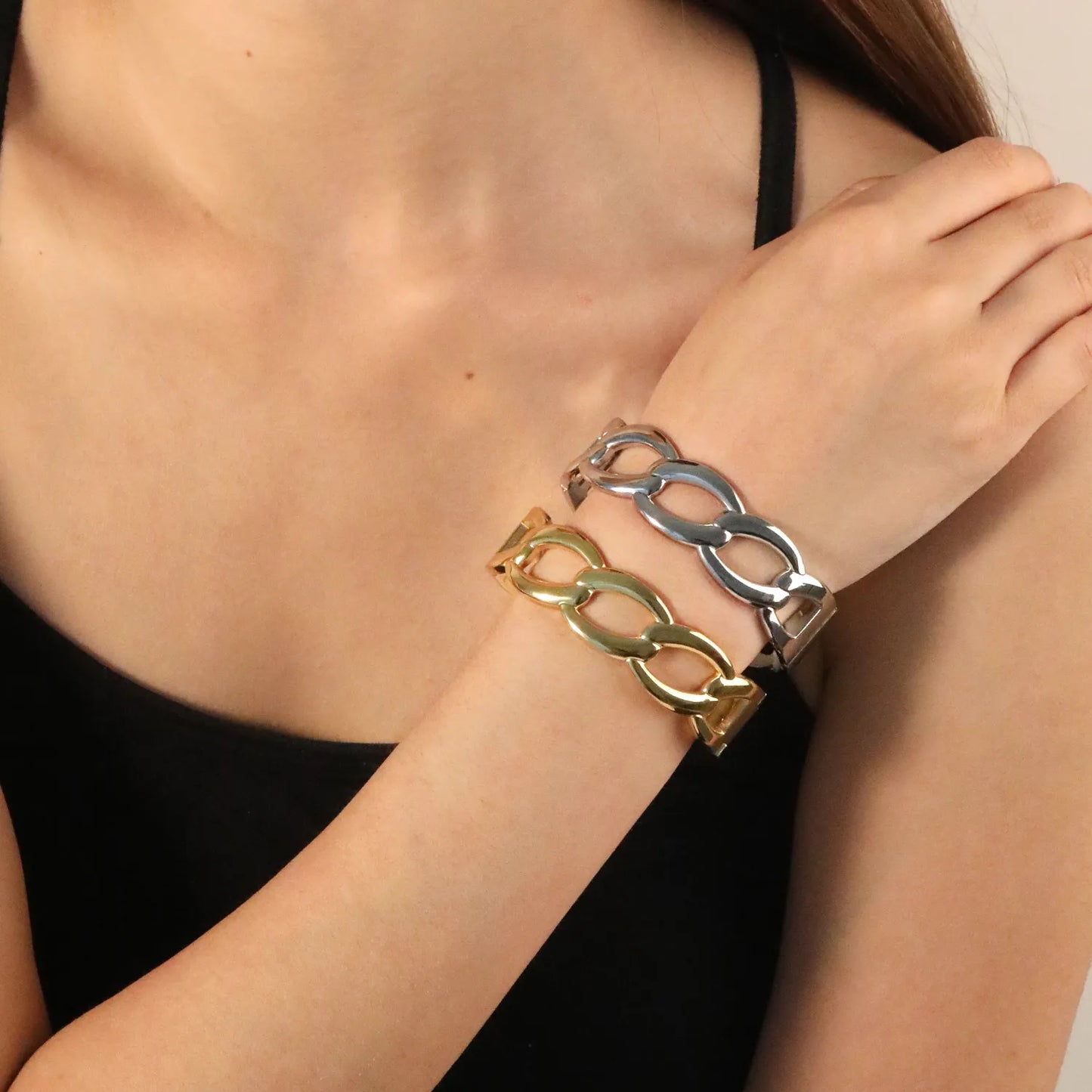 ✨ 60x17.7mm 18K Gold PVD & Silver Tone Bangle Bracelet Wholesale (MOQ 12+) | Stainless Steel 🌍 | Hypoallergenic Cuff & Chain Bangles