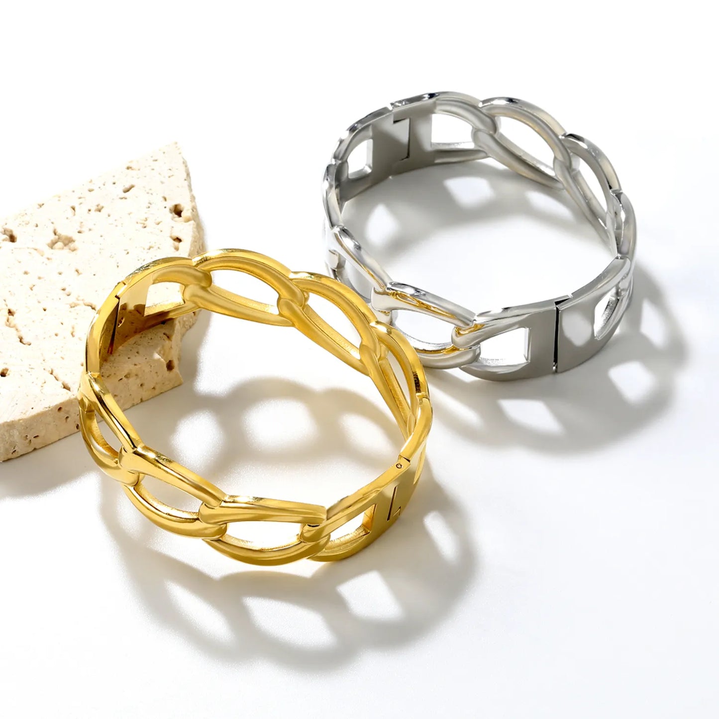 ✨ 60x17.7mm 18K Gold PVD & Silver Tone Bangle Bracelet Wholesale (MOQ 12+) | Stainless Steel 🌍 | Hypoallergenic Cuff & Chain Bangles
