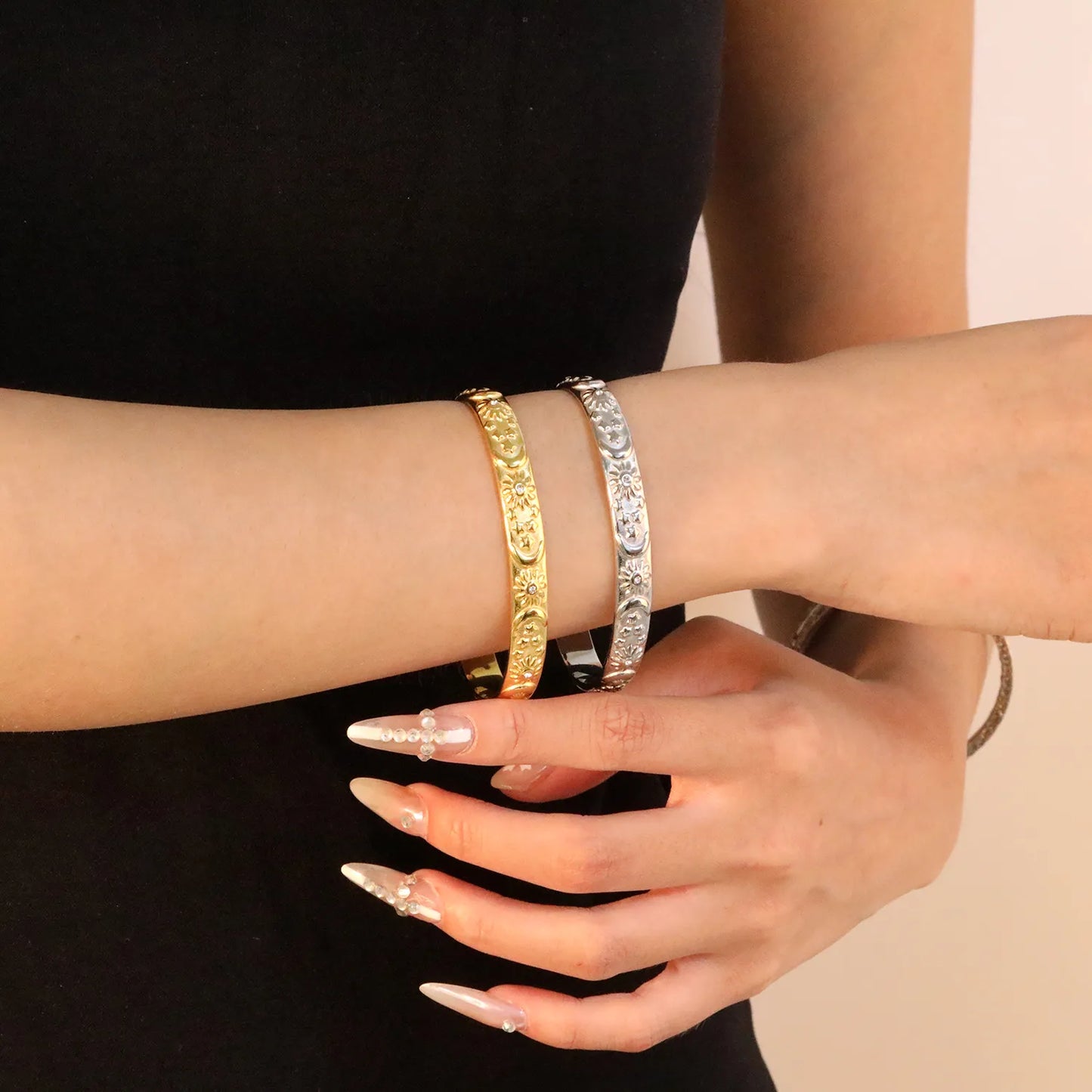 ✨ Wholesale 7.7mm Celestial Bangle | Star Moon Sun | Gold/Steel