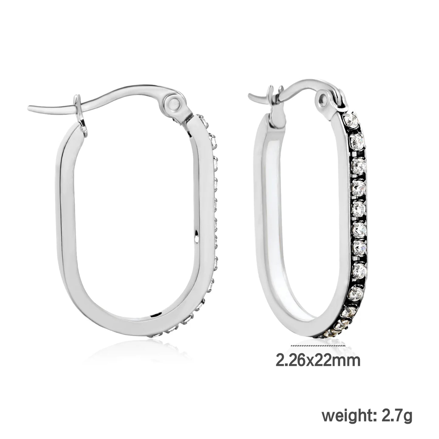 2.26*22mm Premium Stainless Steel White Rhinestone Silver-Plated Finish |Wholesale Crystal Oval Hoop Earrings | MOQ 12+