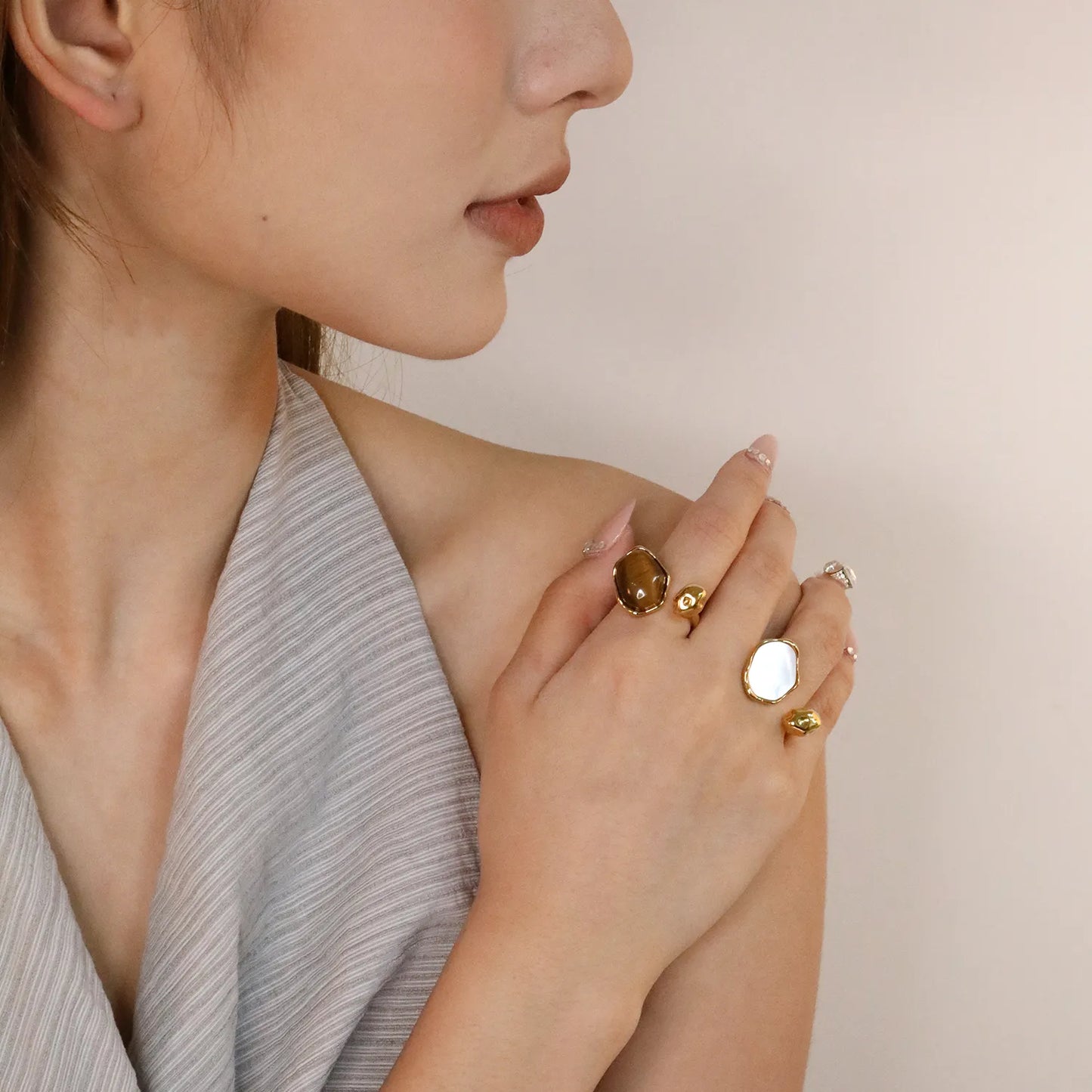 ✨ Wholesale C-Shape Open Ring | 19mm High with Amber or White Gemstone | Gold Plated Stainless Steel | Fashion Ring