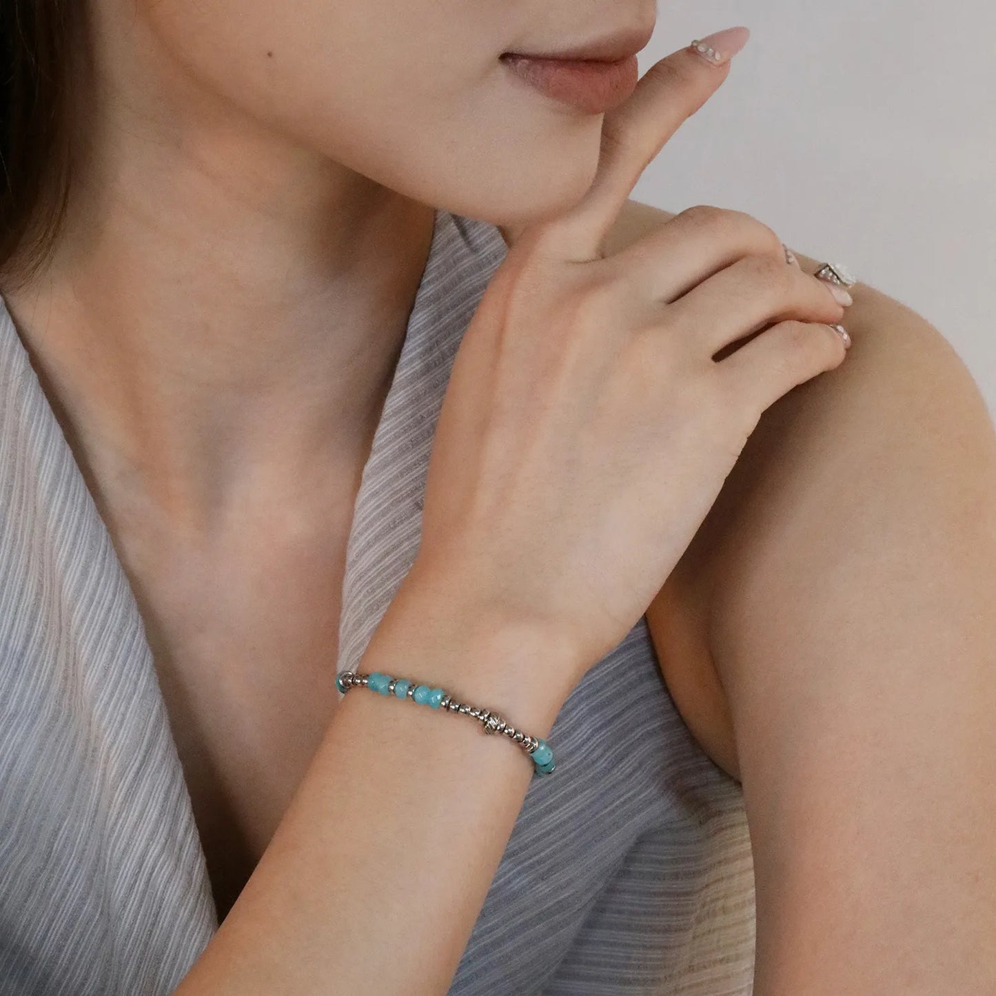 ✨ Wholesale Sky Blue Gem Bracelet | Steel Grey Bead & Blue Stone Design | 18+3cm Adjustable Stainless Steel Chain | Modern Unisex Jewelry
