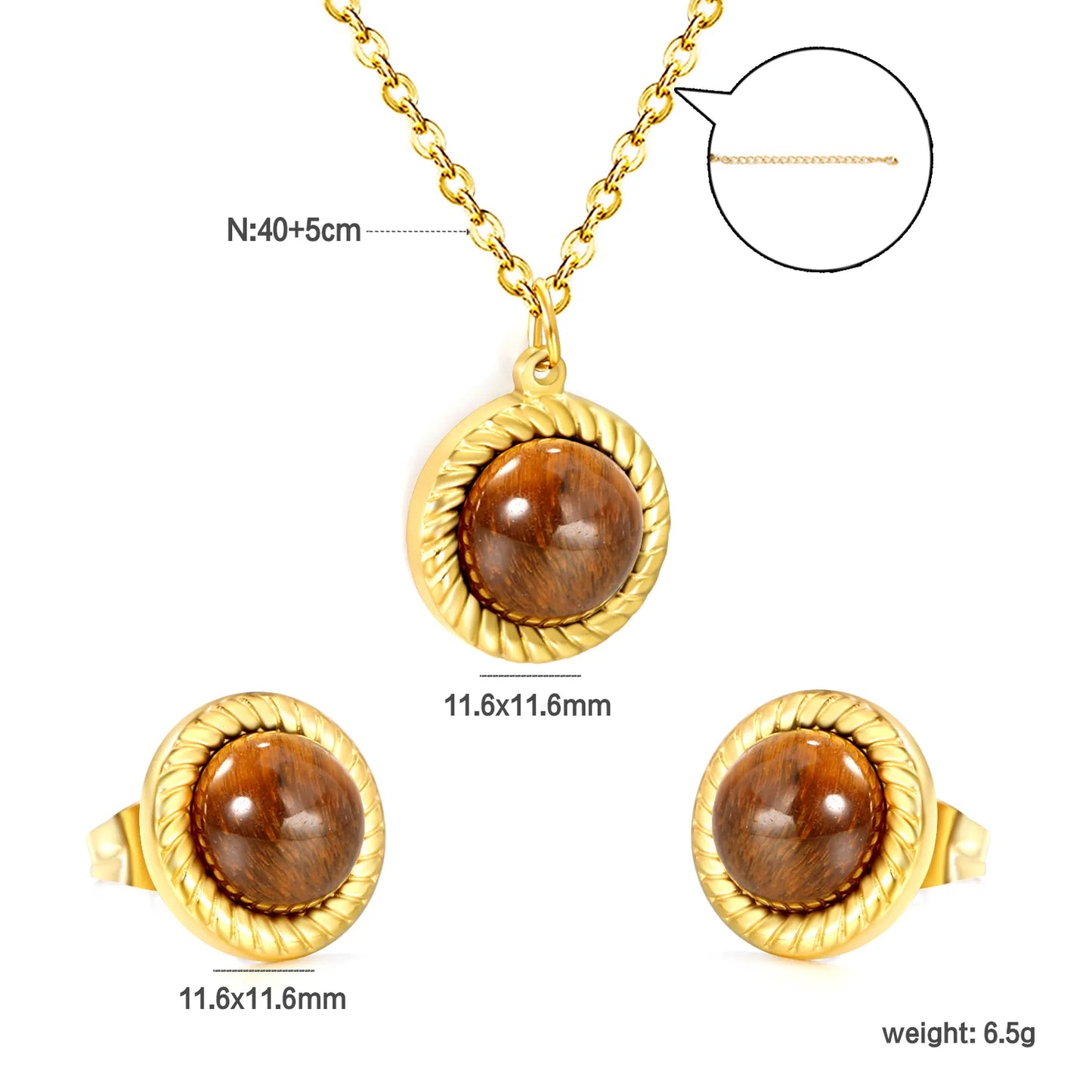 ✨ 18K Gold Plated 40+5cm Amber gemstone Jewelry Set Wholesale (MOQ 12+) | Stainless Steel Necklace & Earrings 🌍 | Hypoallergenic Luxury Gift Set