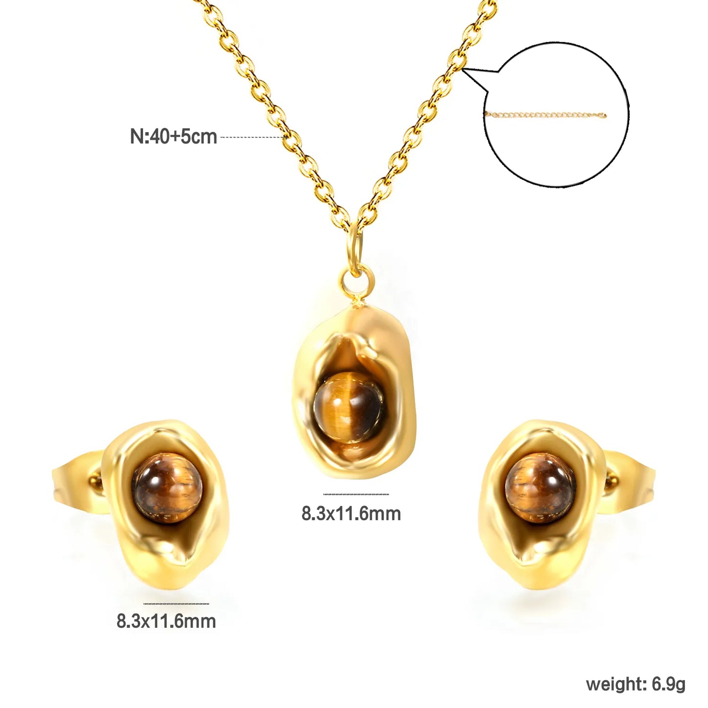 ✨ 8.3x11.6mm+40+5cm 18K Gold Plated Amber gemstone Jewelry Set Wholesale (MOQ 12+) | Stainless Steel Necklace & Earrings 🌍 | Hypoallergenic Luxury Gift Set