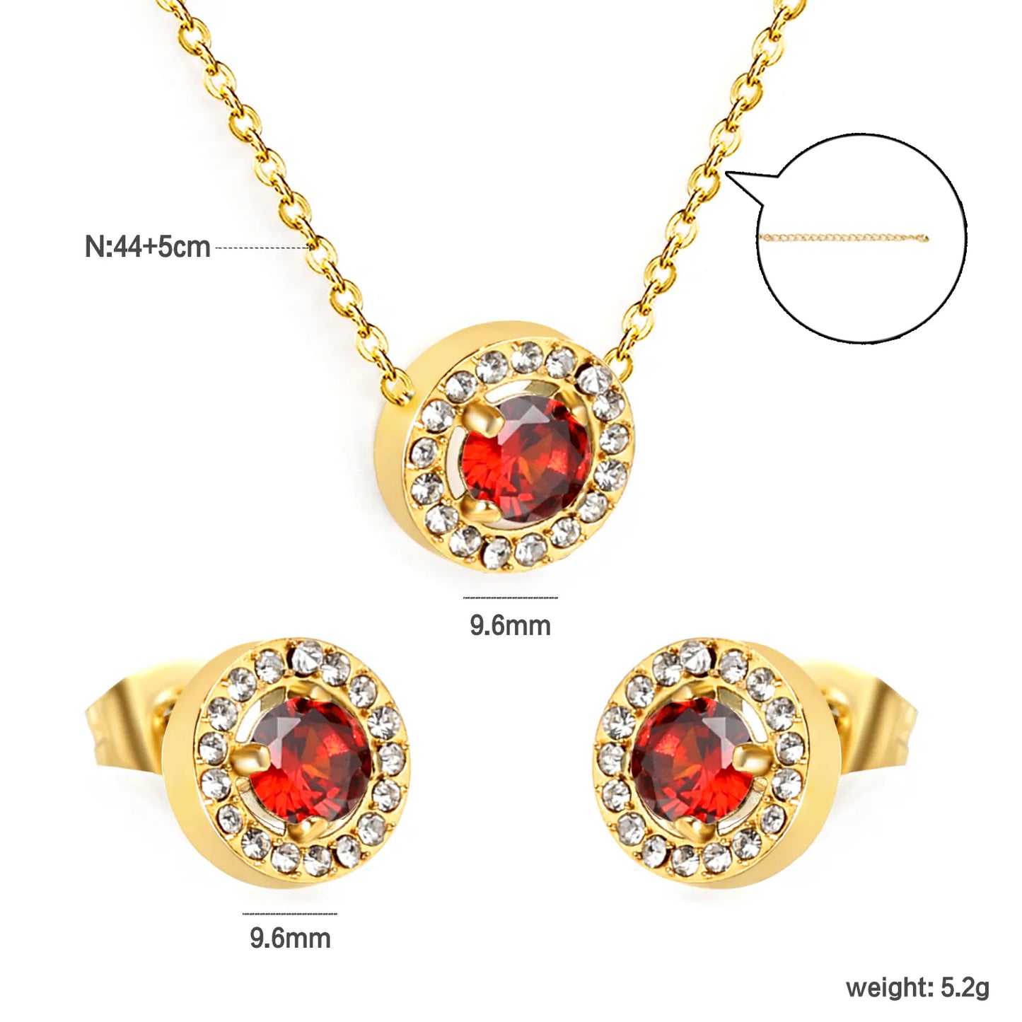 ✨💎 44+5cm 18K Gold Plated Red Zircon Jewelry Set Wholesale (MOQ 12+) | Stainless Steel Necklace & Earrings 🌍 | Hypoallergenic Luxury Gift Set