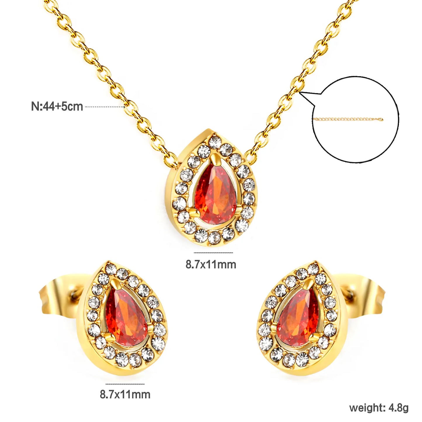 ✨💎 44+5cm 18K Gold Plated Red Zircon Jewelry Set Wholesale (MOQ 12+) | Stainless Steel Necklace & Earrings 🌍 | Hypoallergenic Luxury Gift Set