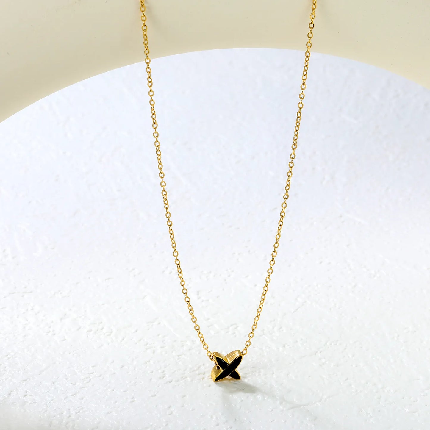 ✨7x7.1mm X-Shape Pendant Necklace White Zirconia/Black Enamel | 1.2mm Snake Chain or 0.3mm Cross Chain | Gold Stainless Steel Wholesale