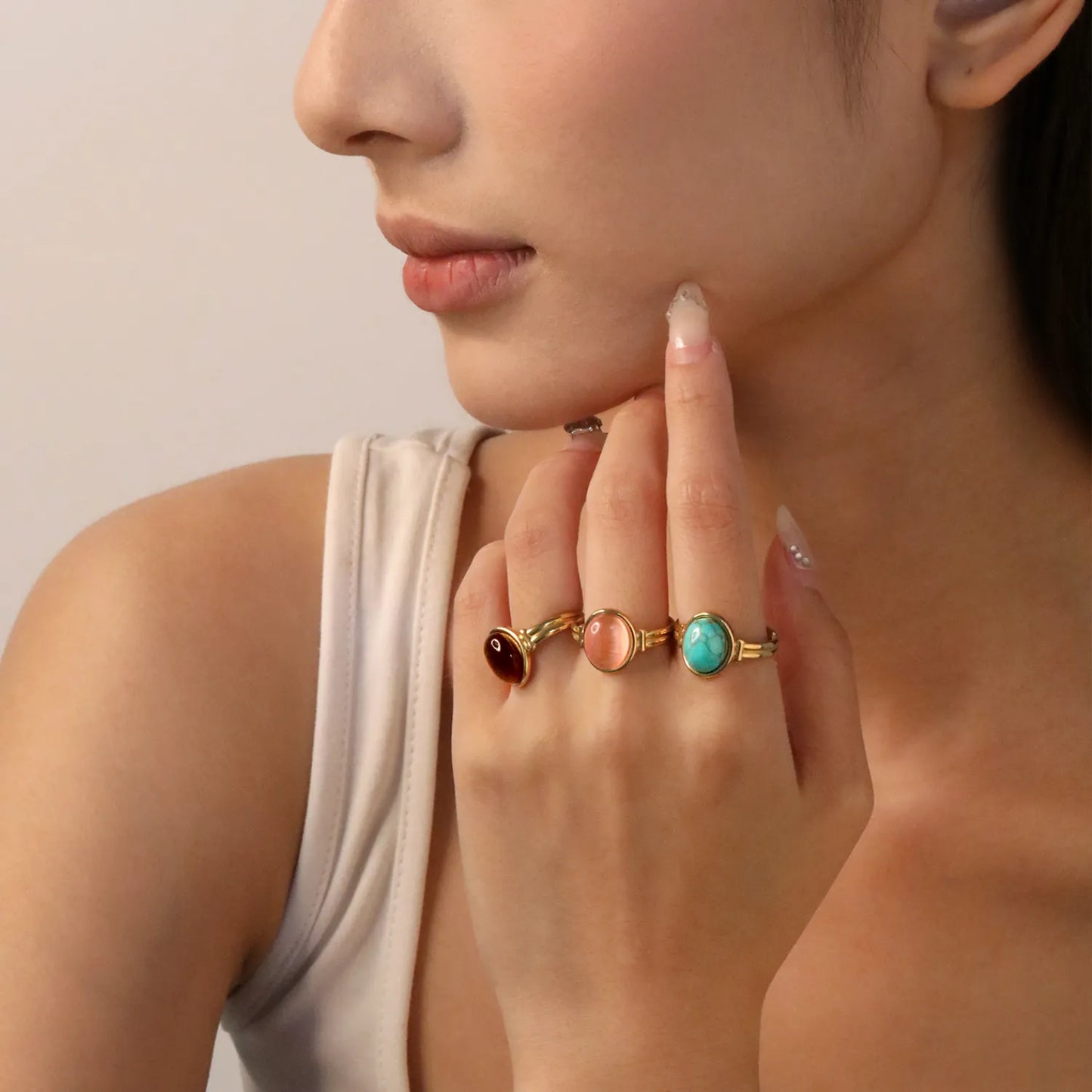 18k gold plated Natural Resins With three color Stainless Steel Rings Wholesale (MOQ 12+) | Hypoallergenic Fashion Rings 🌍 | Tarnish-Free