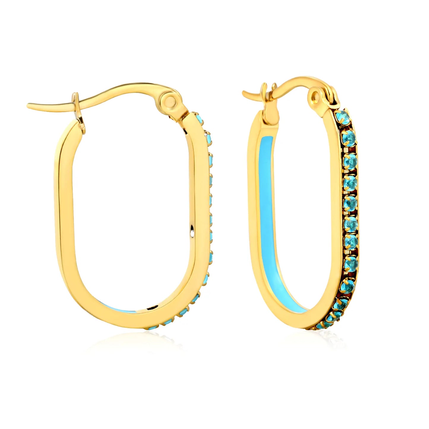 Wholesale Teal Rhinestone Gold-Plated Finish 2.26*22mm Size Crystal Oval Hoop Earrings Premium Stainless Steel | MOQ 12+
