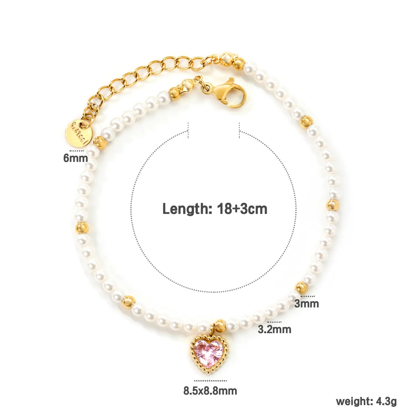 ✨Wholesale Gold Heart Pendant Bracelet: White/Black/Red/Pink/Green Zircon + Pearl Beads | 18+3cm Extender | Stainless Steel Bulk Jewelry