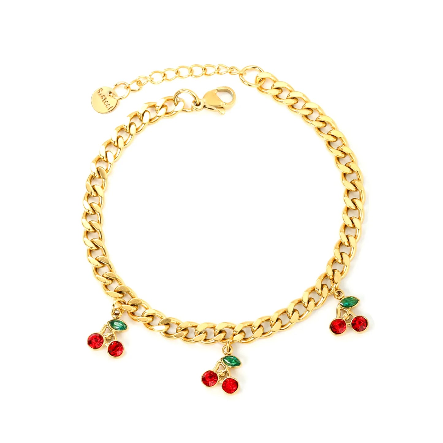 ✨🍒Wholesale Gold Cherry Charm Bracelet: 8.6*10.3mm Fruit Pendant + 18+3cm Chain | Stainless Steel Adjustable Jewelry Bulk