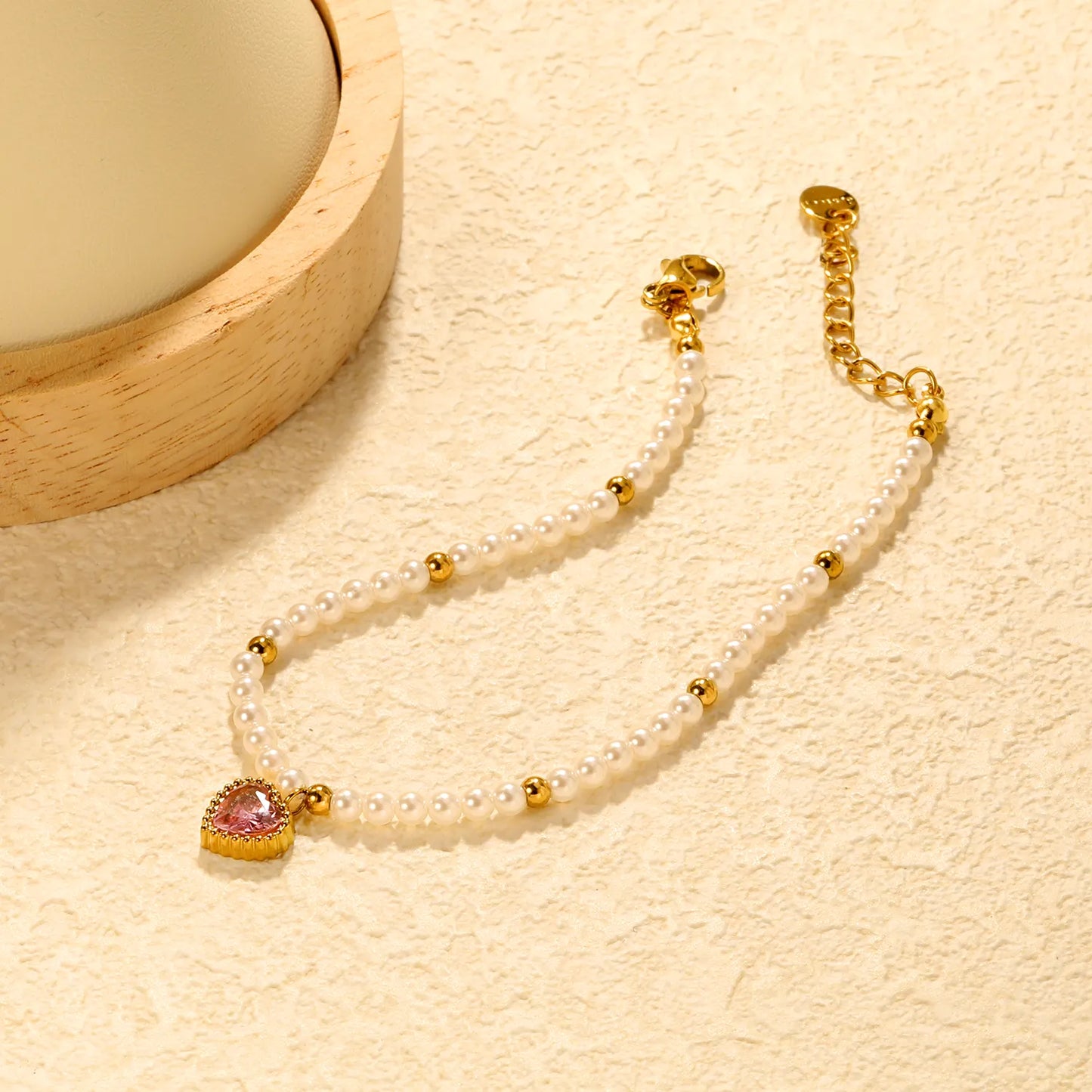 ✨Wholesale Gold Heart Pendant Bracelet: White/Black/Red/Pink/Green Zircon + Pearl Beads | 18+3cm Extender | Stainless Steel Bulk Jewelry