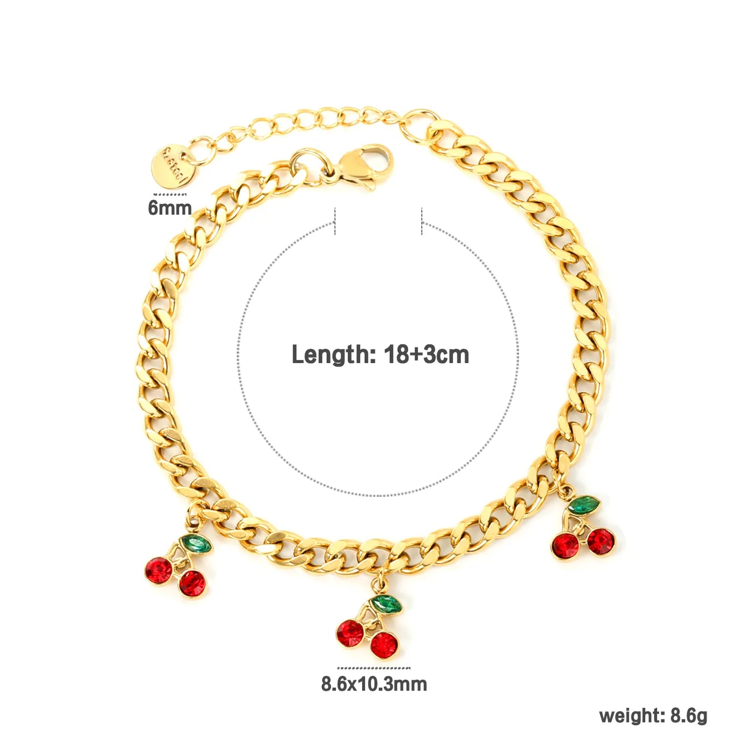 ✨🍒Wholesale Gold Cherry Charm Bracelet: 8.6*10.3mm Fruit Pendant + 18+3cm Chain | Stainless Steel Adjustable Jewelry Bulk