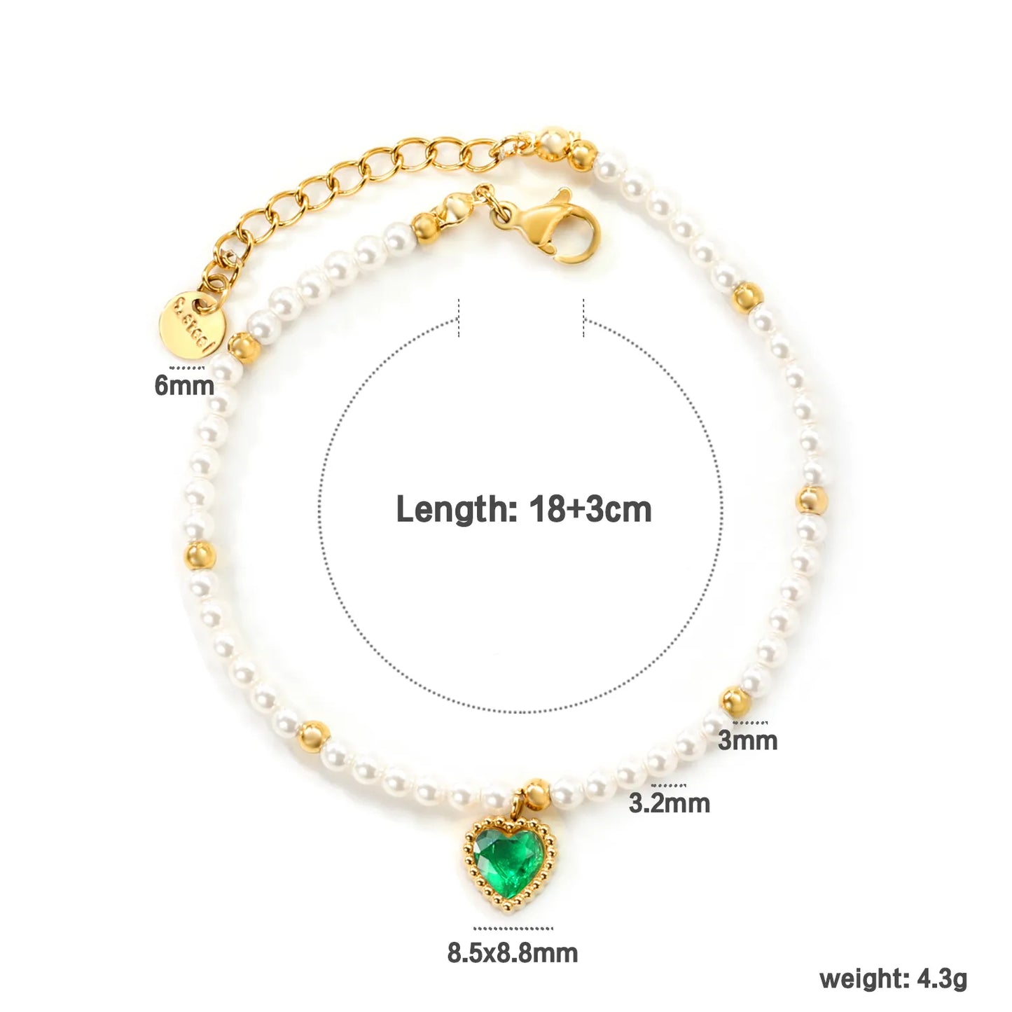 ✨Wholesale Gold Heart Pendant Bracelet: White/Black/Red/Pink/Green Zircon + Pearl Beads | 18+3cm Extender | Stainless Steel Bulk Jewelry