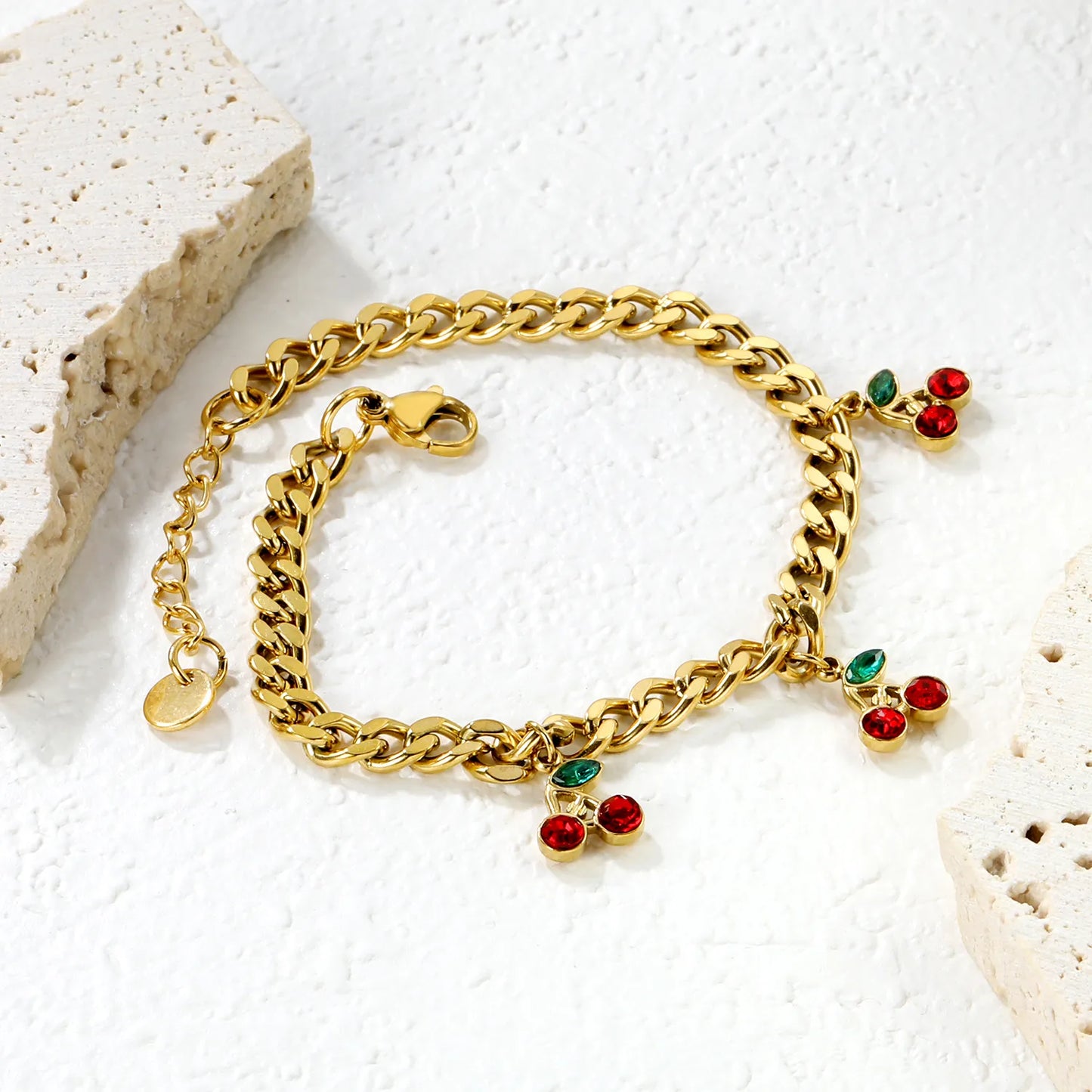 ✨🍒Wholesale Gold Cherry Charm Bracelet: 8.6*10.3mm Fruit Pendant + 18+3cm Chain | Stainless Steel Adjustable Jewelry Bulk