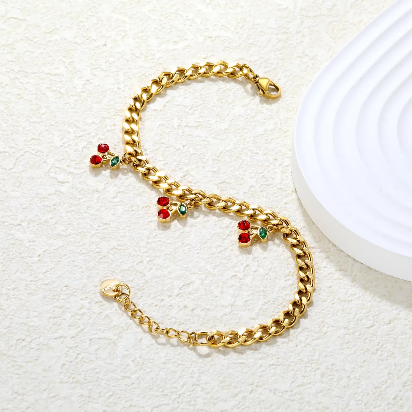 ✨🍒Wholesale Gold Cherry Charm Bracelet: 8.6*10.3mm Fruit Pendant + 18+3cm Chain | Stainless Steel Adjustable Jewelry Bulk