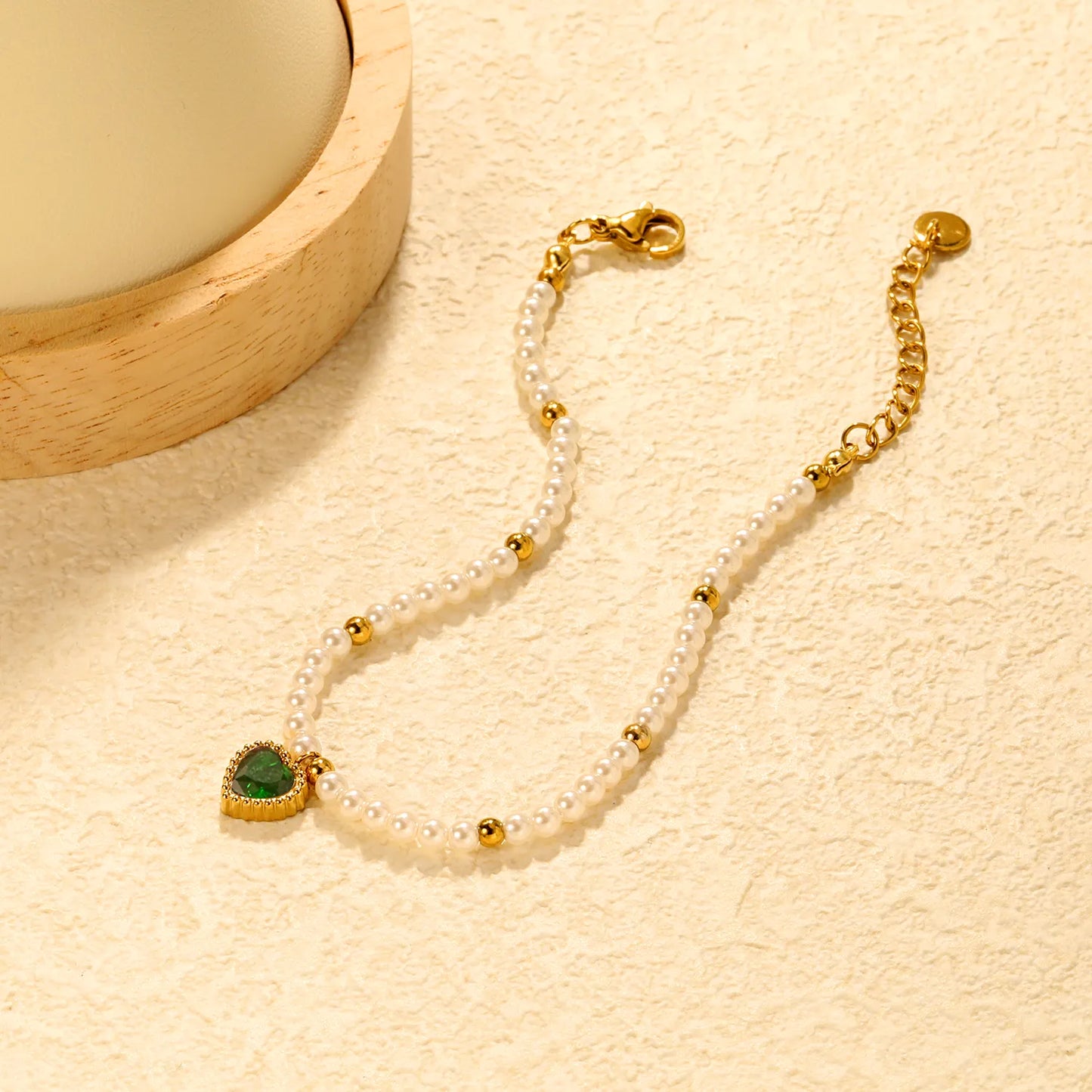 ✨Wholesale Gold Heart Pendant Bracelet: White/Black/Red/Pink/Green Zircon + Pearl Beads | 18+3cm Extender | Stainless Steel Bulk Jewelry