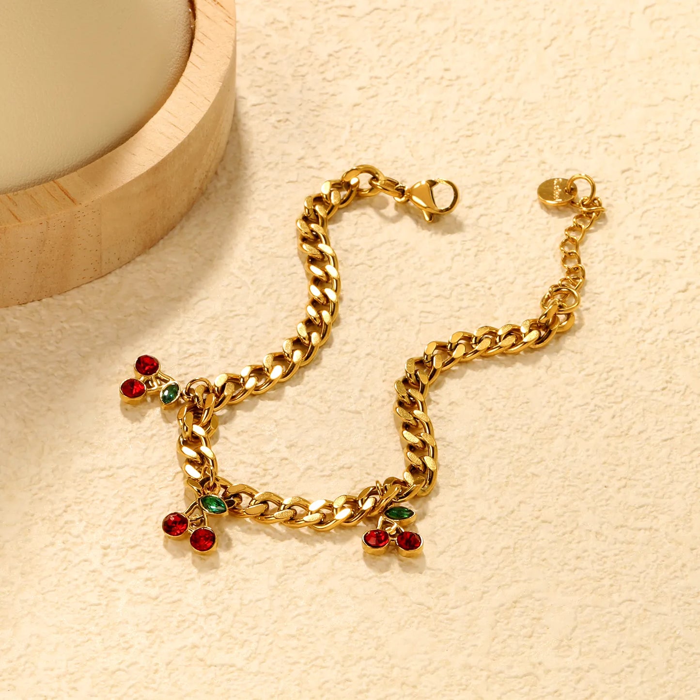 ✨🍒Wholesale Gold Cherry Charm Bracelet: 8.6*10.3mm Fruit Pendant + 18+3cm Chain | Stainless Steel Adjustable Jewelry Bulk