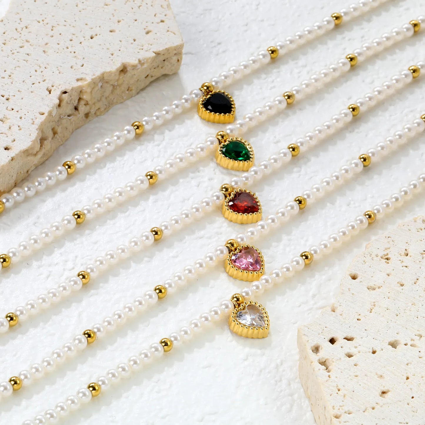 ✨Wholesale Gold Heart Pendant Bracelet: White/Black/Red/Pink/Green Zircon + Pearl Beads | 18+3cm Extender | Stainless Steel Bulk Jewelry