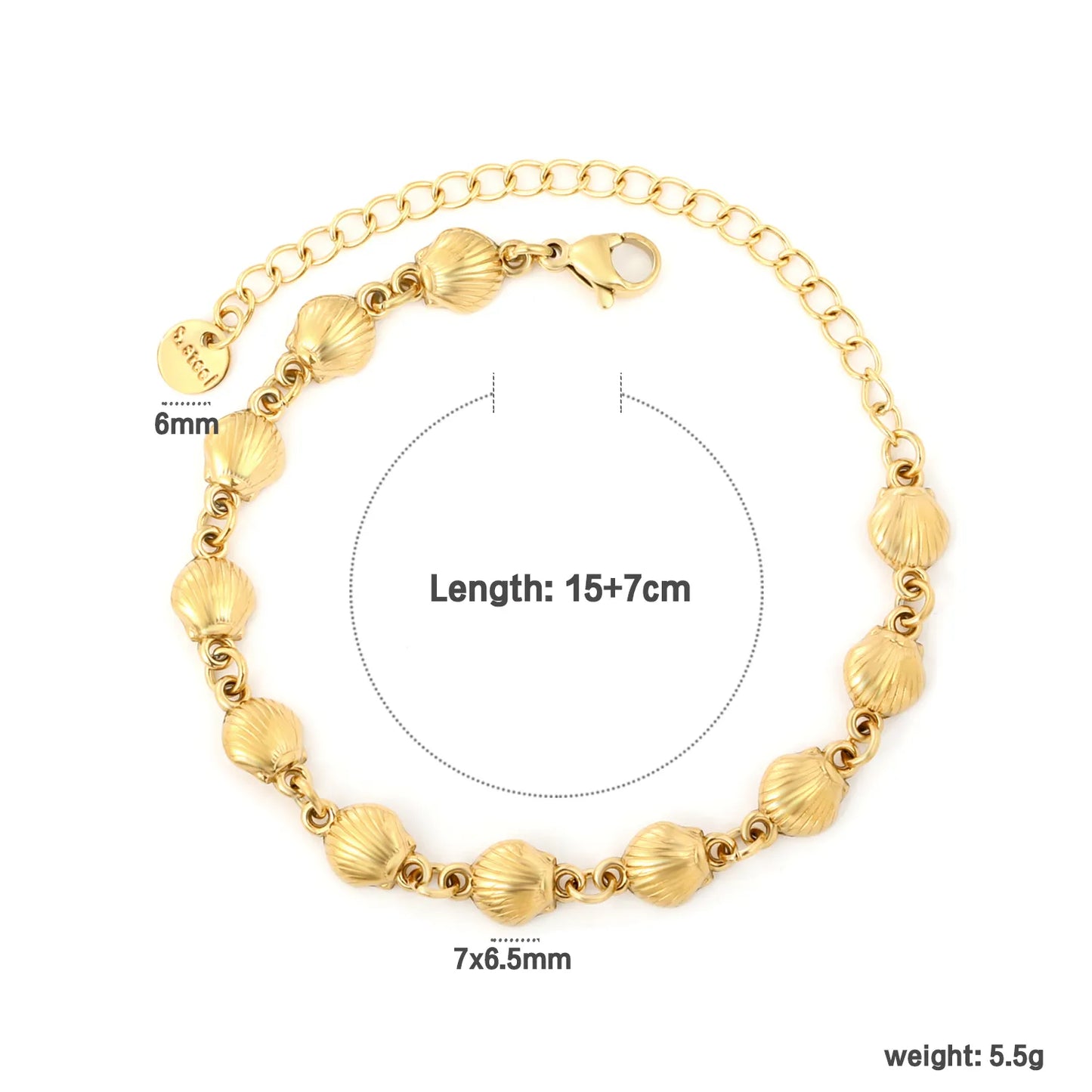 ✨🐚Wholesale Gold Shell Charm Bracelet: 7x6.5mm Beach Pendant + 15+7cm Adjustable Chain | Stainless Steel Ocean Jewelry Bulk