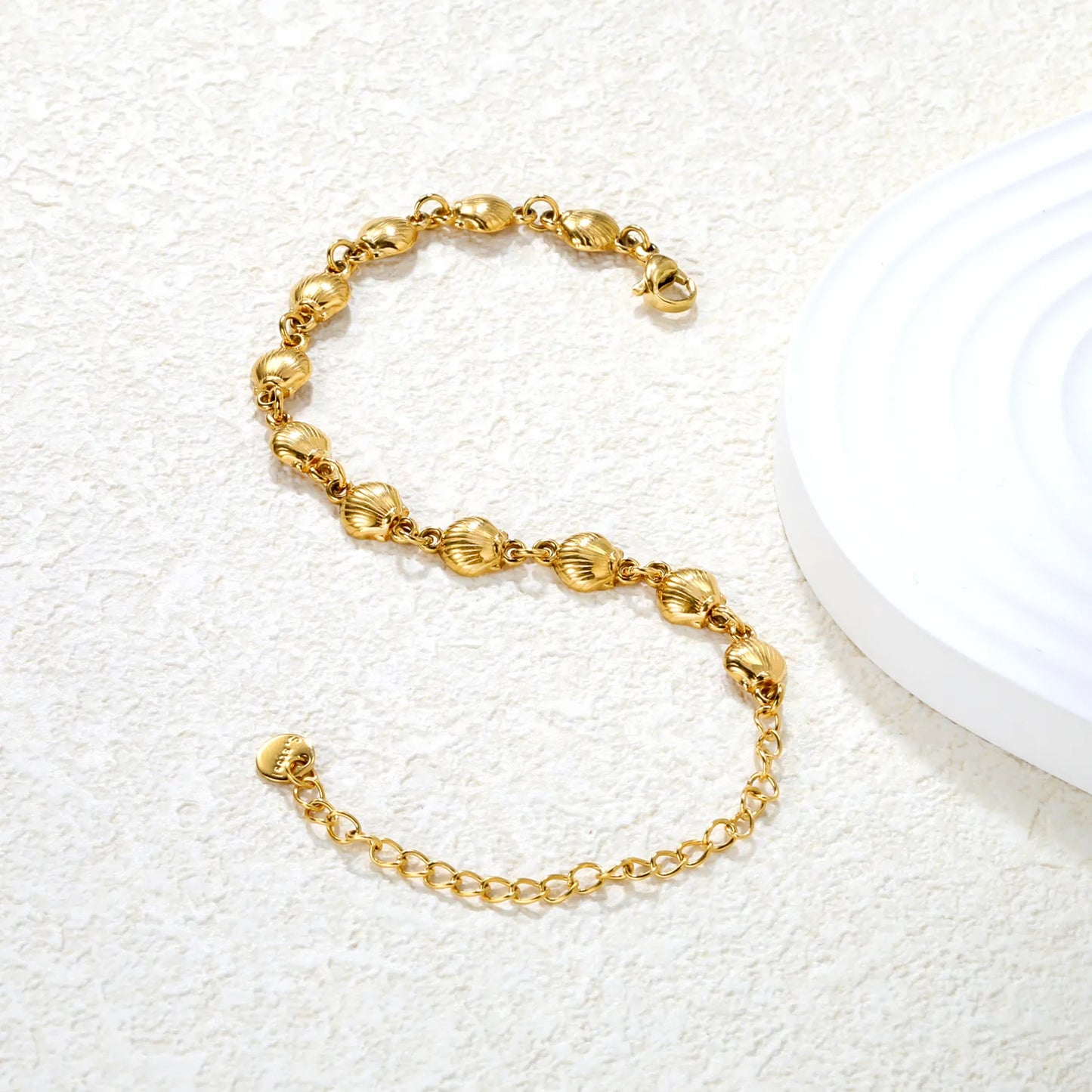 ✨🐚Wholesale Gold Shell Charm Bracelet: 7x6.5mm Beach Pendant + 15+7cm Adjustable Chain | Stainless Steel Ocean Jewelry Bulk