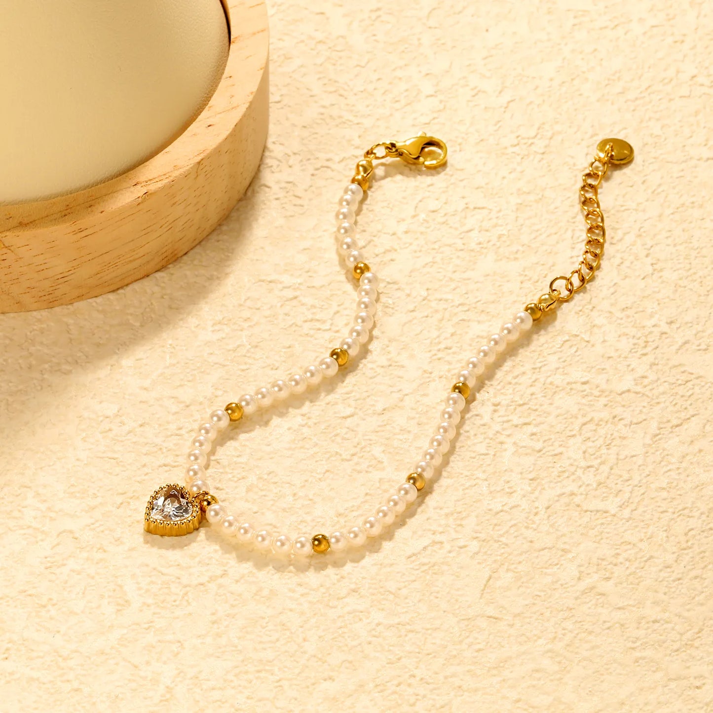 ✨Wholesale Gold Heart Pendant Bracelet: White/Black/Red/Pink/Green Zircon + Pearl Beads | 18+3cm Extender | Stainless Steel Bulk Jewelry