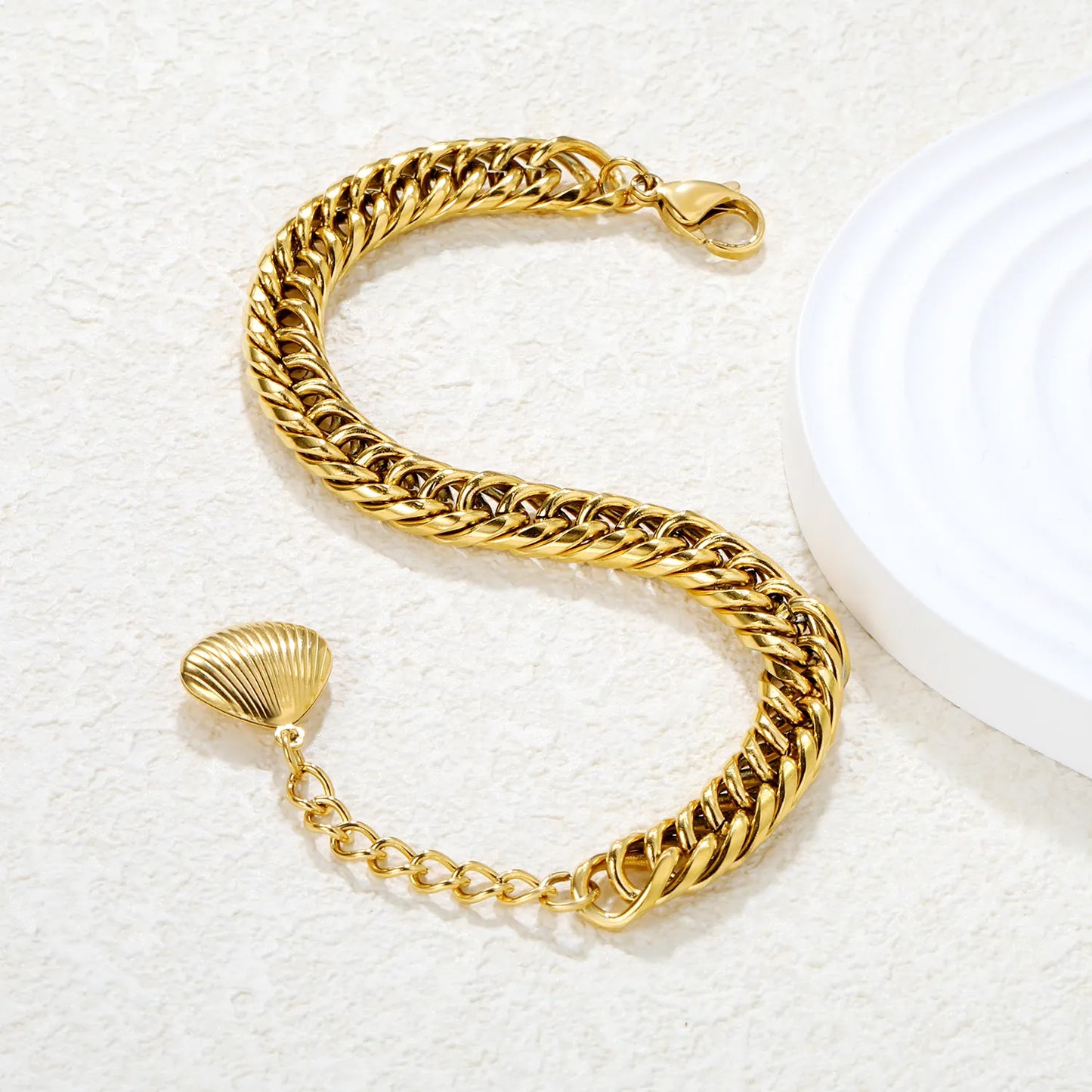 ✨ Minimalist Shell Clasp Bracelet 18+3cm Double-Sided Rounded Chain | Gold Stainless Steel Adjustable | Wholesale Coastal Jewelry