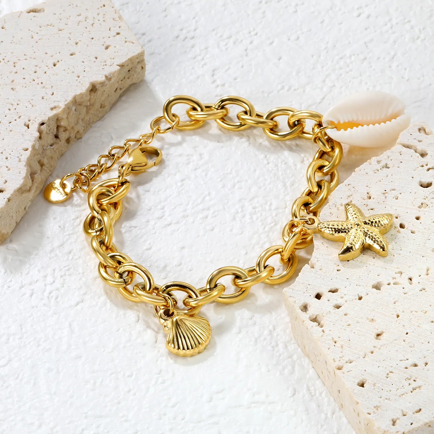 🌊Ocean Charm Bracelet Set Starfish+Scallop+Shell Charms | Stainless Steel Silver/Gold Chain 17+3cm | Wholesale Coastal Jewelry