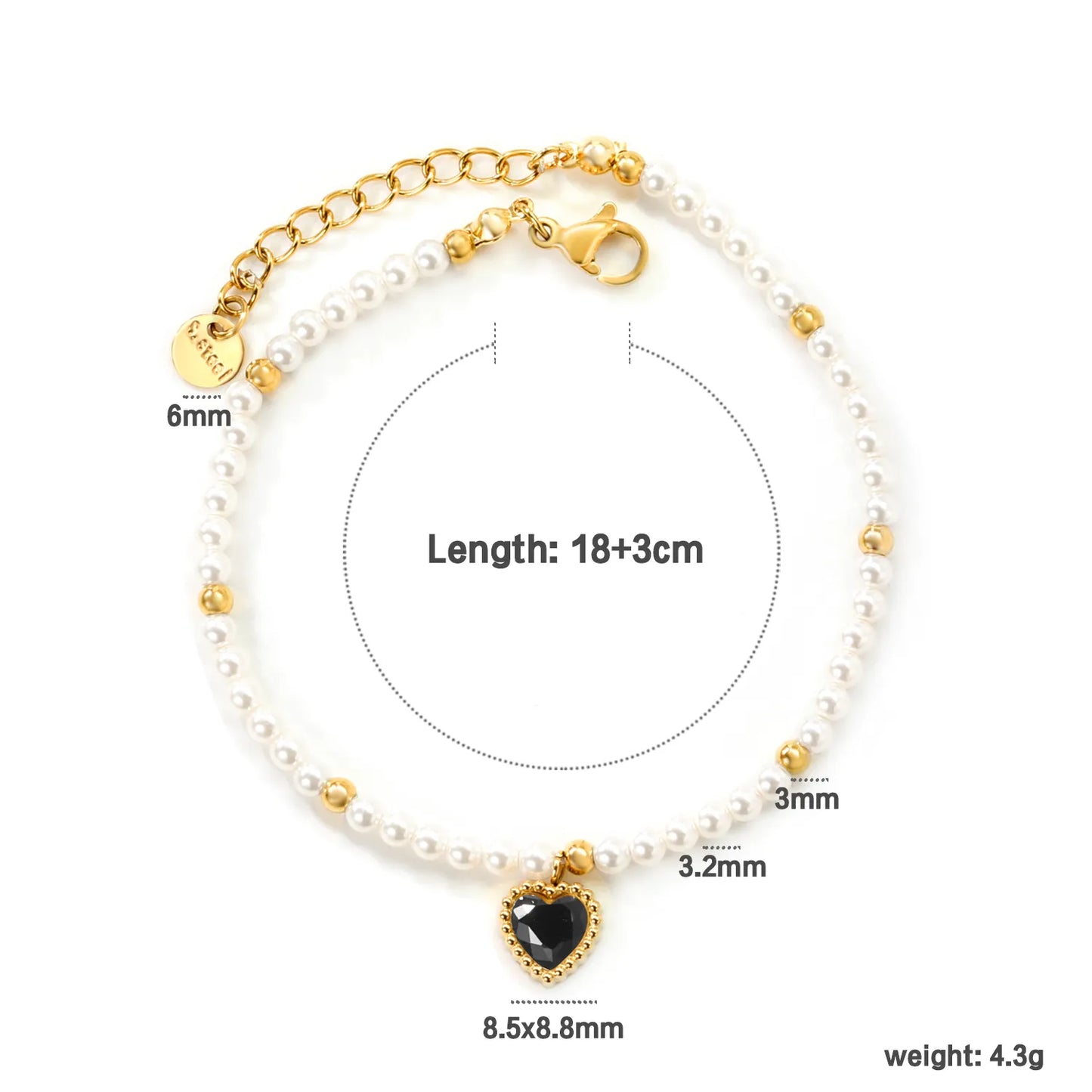 ✨Wholesale Gold Heart Pendant Bracelet: White/Black/Red/Pink/Green Zircon + Pearl Beads | 18+3cm Extender | Stainless Steel Bulk Jewelry